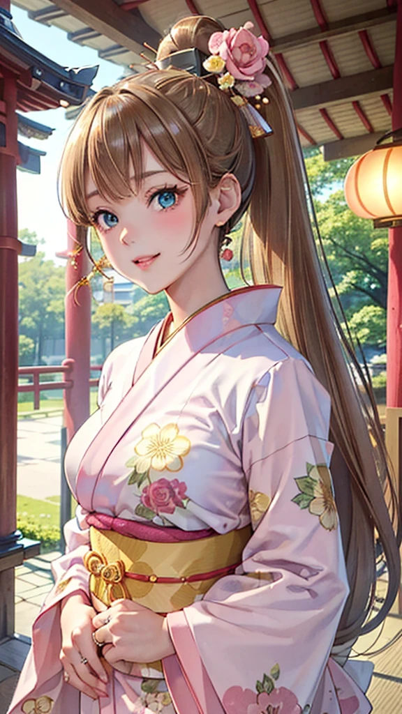 A masterpiece, ultra high definition, ultra HD quality, the most beautiful woman in history, anime, slender body, (large breasts), tall height, small face, well-balanced proportions, (shiny hair, light brown hair:1.2), (ponytail hair:1.3), (long bangs), (has beautiful shining eyes), (clear Blue eyes), (((shining highlights:1.3))), long eyelashes, pink lips, beautifully precise and delicate hand and finger creation, divine smile, (((Japanese kimono / pale pink colored furisode))), (((gorgeous floral kimono))), (yellow rose accessory:1.2), ((Hairpin)), (small earrings, ring), upper body, beautiful standing posture like a fashion model, Japanese shrine, torii gate
