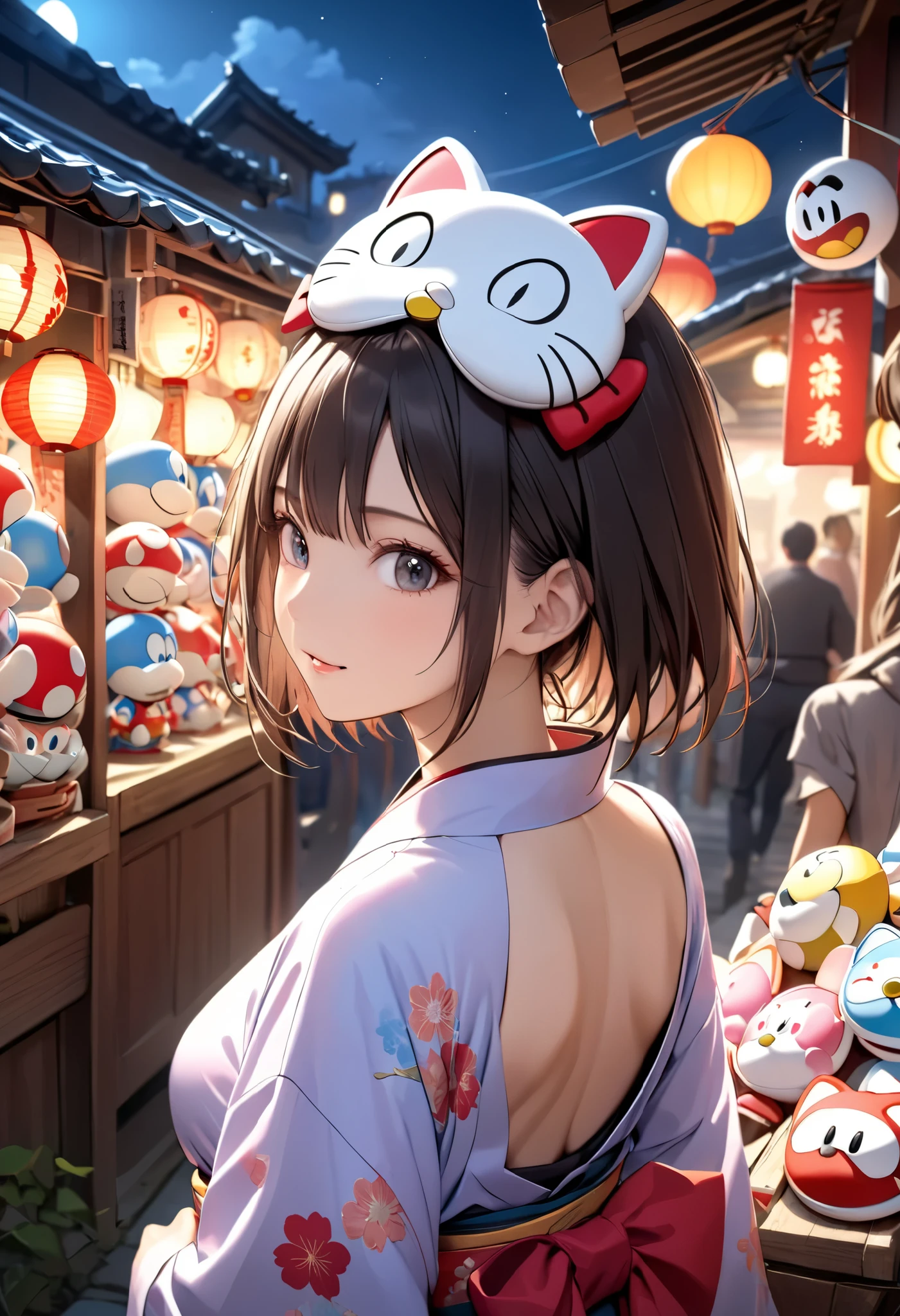 portrait, (Masterpiece, top quality, ultra high definition), back side shot, solo Japanese woman, sexy girl, A stall selling masks, Okame and Hyottoko masks, Doraemon masks, Mario Brothers masks, big stall village, Busy, A girl choosing a mask, Wearing a traditional Japanese kimono, , , A stall at night, Wearing a Hello Kitty mask on her head