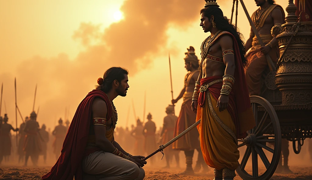 Lord krishna standing alongwith Arjun in battlefield and lecturing him sitting on a chariot, both are of same height,krishna pointing his hands towards battle, both looking in same direction towards the battlefield, dynamic lighting, mythology imagination