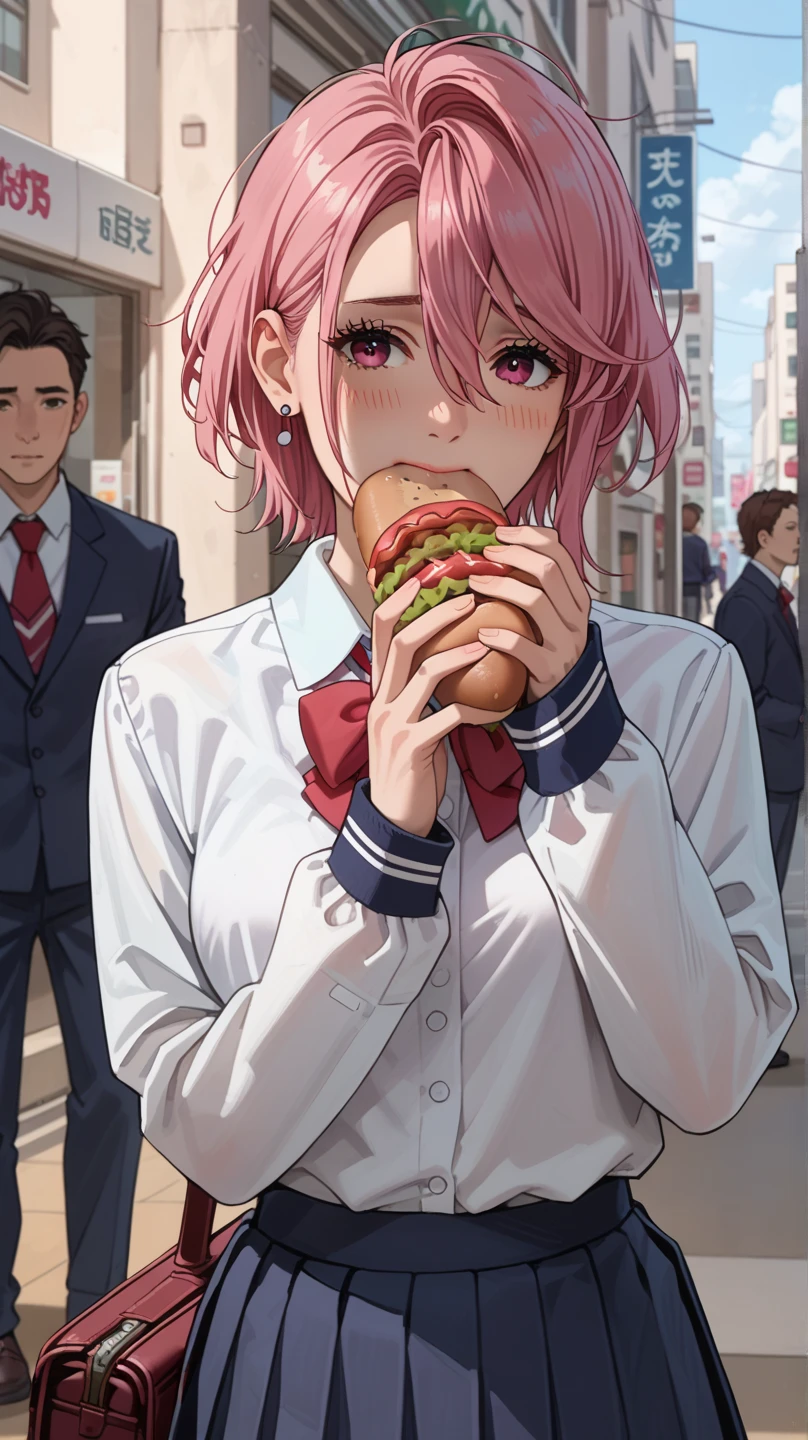 Ayase Momo, The taste of  ,medium hair, brown hair, brown eyes, shy, blush all over face, medium breasts, shocks, red bowtie, long sleeves, blue skirt, pleated skirt, school uniform, earrings, collared shirt, white shirt, eating BIG sausage skewer, on the street food Stall.