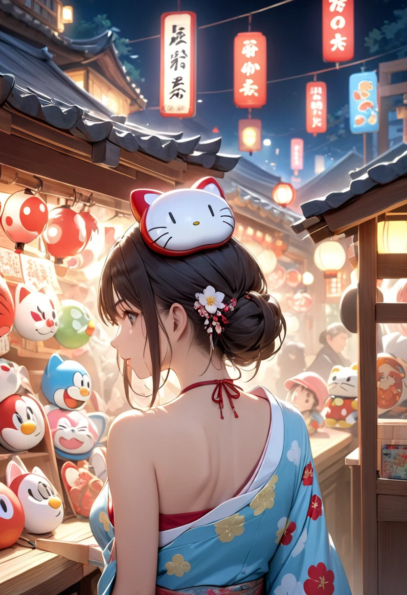 portrait, (Masterpiece, top quality, ultra high definition), back side shot, solo Japanese woman, sexy girl, A stall selling masks, Okame and Hyottoko masks, Doraemon masks, Mario Brothers masks, big stall village, Busy, A girl choosing a mask, Wearing a traditional Japanese kimono, , , A stall at night, Wearing a Hello Kitty mask on her head