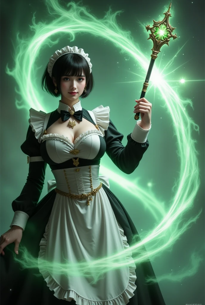 A single, plump, big-breasted woman, beautiful, short hair, black hair, green eyes, maid outfit, black, white and green tones, enormous energy swirling like a green stick and healing light mixed together, the hand holding the staff, the magic power resides in the staff.