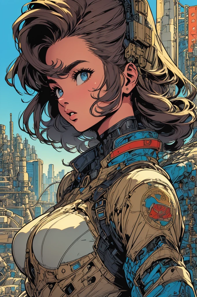 (((Top Quality Masterpiece ))),(((solo:1.2))),((( 1 woman :1.2))), 32K Highly Detailed Wallpaper , Retro Vintage Style ,(dynamic Angles),((( overwhelming highlights))),((most complex machine)),American comics taste ,80s survival dystopian movie poster,(((Detailed and perfect woman ))),((( bust up))),