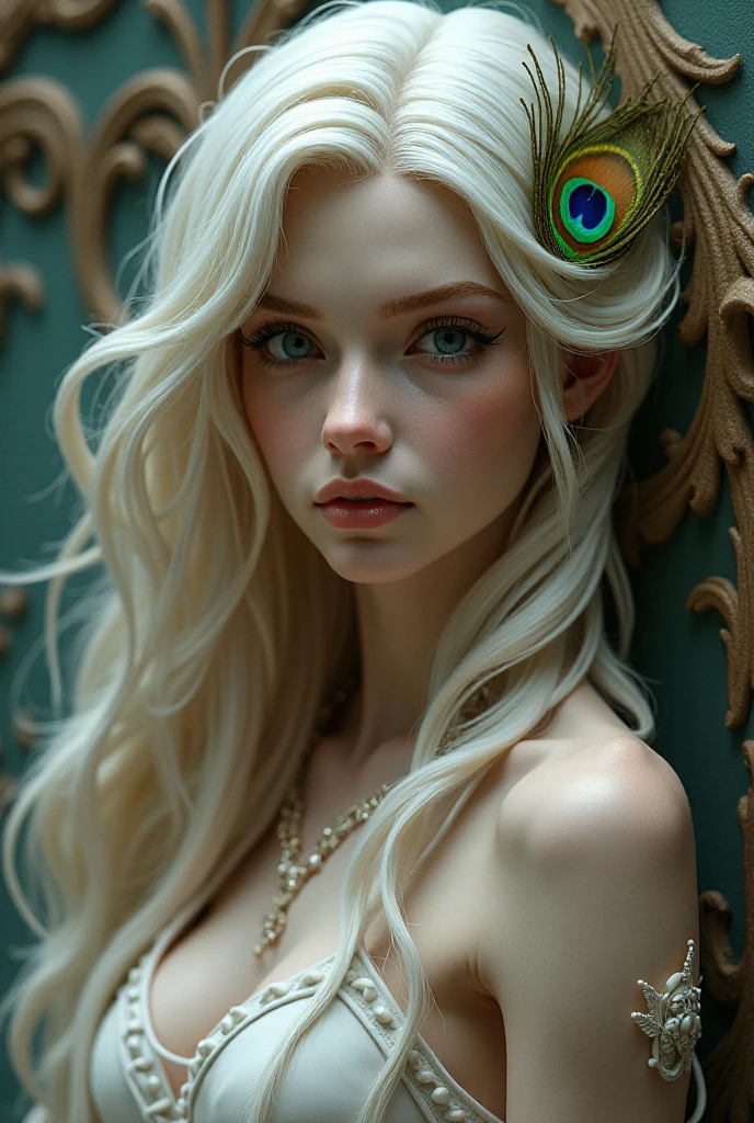 sculpture, panel, 3D, beautiful woman with long hair, peacock feather. high detail, sharp focus, fantasy style, Greg Rutkowski