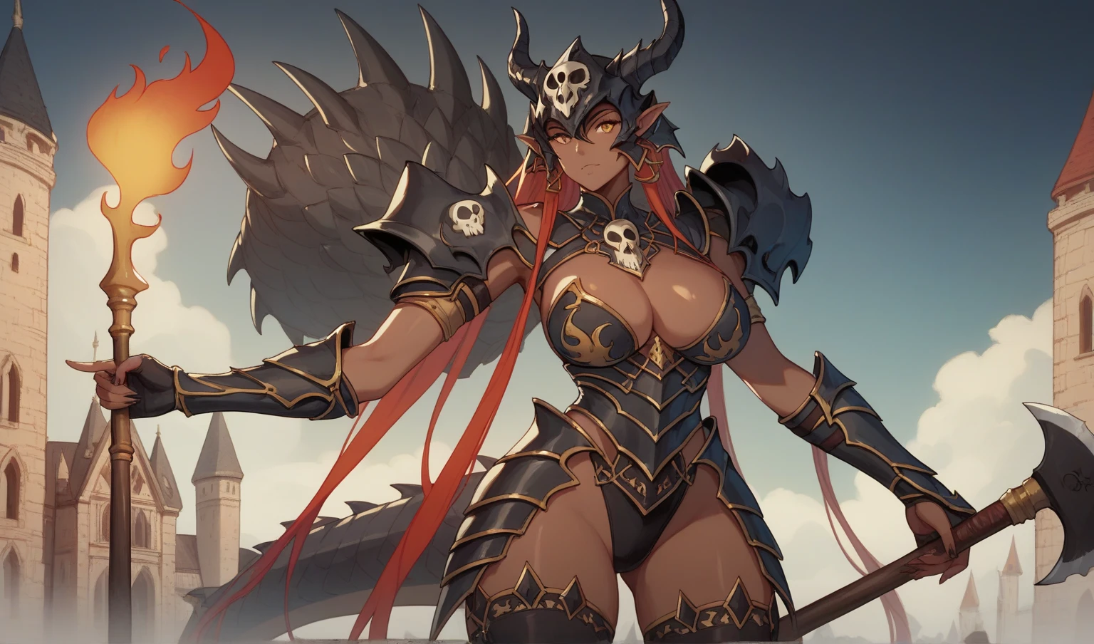  Black Long Straight Hair, Big Breasts， Dark Black Skin Female，Tall Person ，Dragon Skull Totem Black Armor，cleavage， Black Leggings， Slim Fit， Bare Waist，Bare thighs，female warrior，castle，Long Handle Axe ，flame