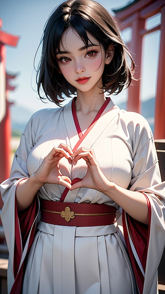 Solo, a bewitching Japanese shrine maiden, miko clothes, heart shaped hands, heart hands, ((happy new year, new year celebration), Japanese shrine, A mysterious big stone, breathtaking beautiful lake),(A woman, ((heart shaped hands))  , standing at beautiful Japanese Shrine), (((heart shaped hands))), celebrating for A new year, beautiful black hair, (sleek short bob cut, thin , smooth, bangs), fair skin, detailed beautiful skin, captivating perfect face, narrow face shape, narrow sharp eyes, beautiful royal red eyes, beautiful nose, red lipstick, elegant makeup, faint smile, athlete body, middle breasts, anatomically correct body description, wearing a beautiful Miko clothing, Japanese shrine maiden outfits, perfect description, perfect cinematic lighting, perfect shadows, depth of field, perfect painting of the moment, (The image shows “Happy New Year 2025” in large gold letters,  intricate accurate background, beautiful lake, early morning, daybreak, morning haze, mysterious), (best quality, 4k, 8k, incredibly absurdres , masterpiece:1.2),ultra-detailed, (realistic, photorealistic, photo-realistic:1.37),HDR,UHD, cinematic lighting, best lighting allocation, ultra-fine painting, sharp focus, anatomical perfect rendering, extreme detail description, professional, optimized vibrant colors,  heart hands , own hands together