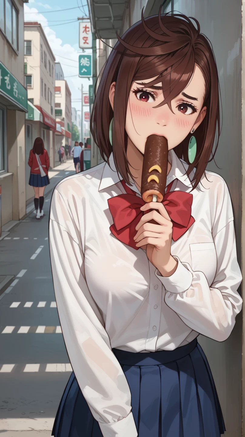 Ayase Momo, The taste of  ,medium hair, brown hair, brown eyes, shy, blush all over face, medium breasts, shocks, red bowtie, long sleeves, blue skirt, pleated skirt, school uniform, earrings, collared shirt, white shirt, eating BIG sausage skewer, on the street food Stall.