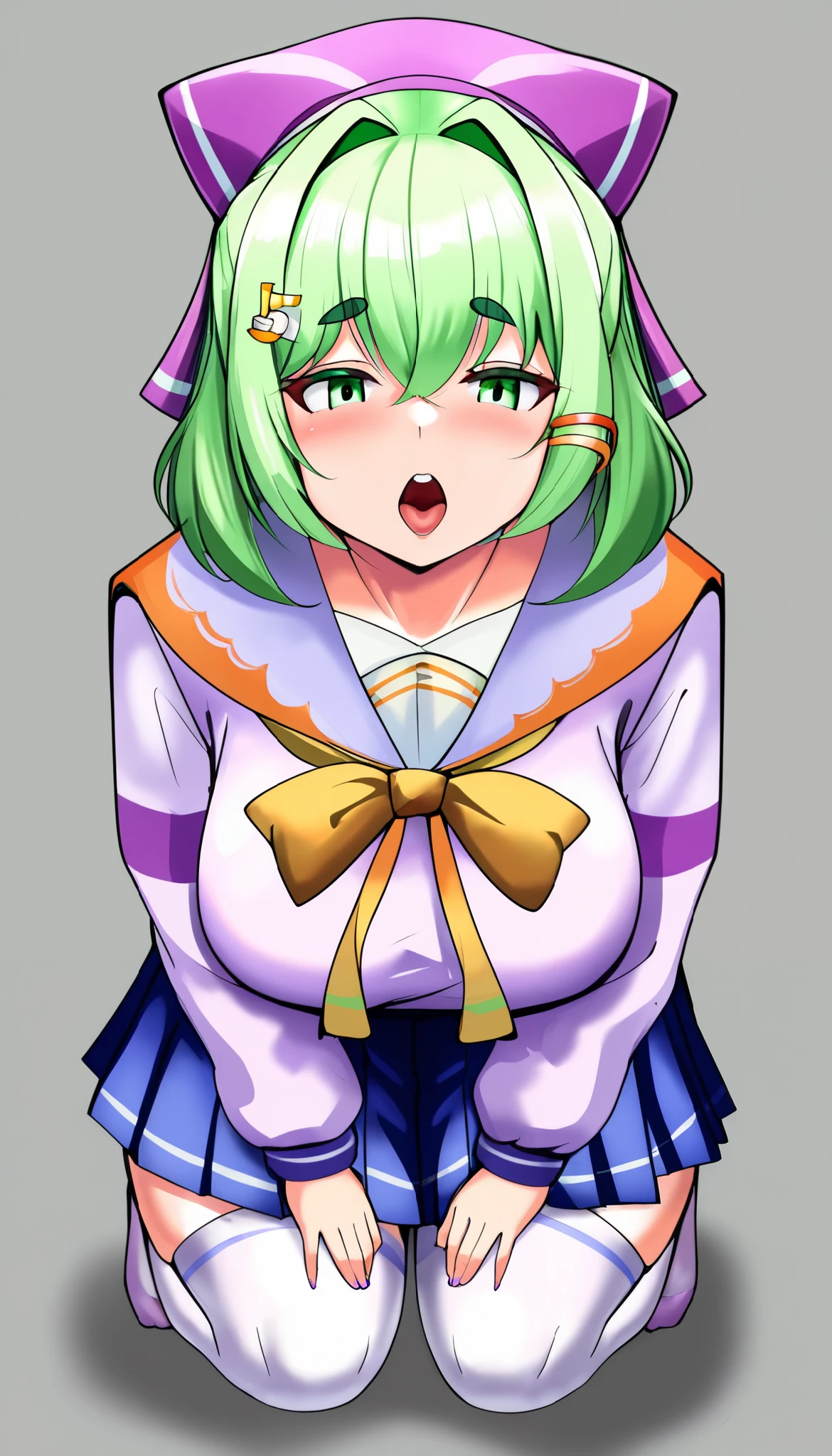 oriented body _ Positive Hot Solo Masterpiece Best_mass height _Detailed Clean _绘制_ Eye Anthropology _ Only Plump Black _ Bikinis Large _ Slutty  Sexy _ Looks Tall Dominates _mom submissive , Kneeling,  open your mouth, Begging, View from above, by_cervina _7 short green hair, green eyes, purple bow headdress, hair clips, purple and yellow sailor collar, sailor suit, blue pleated skirt, white stockings, l dorky hair.