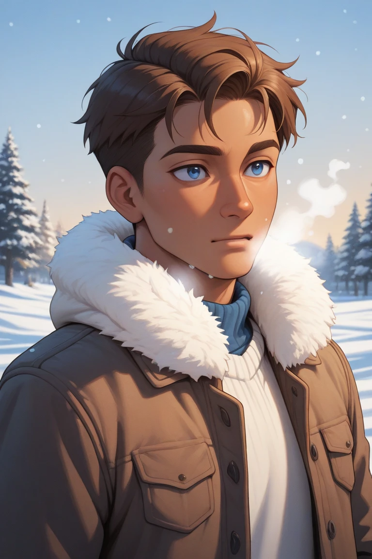 Brown haired man with blue eyes, semi-realistic style, handsome, Cold, Tanned, Smooth, phlegmatic, The background is wall, realistically, Big jaw, Calm face, Watercolor Lines, ai art, Not smiling, Niji Journey, Smooth lines, Fan Art