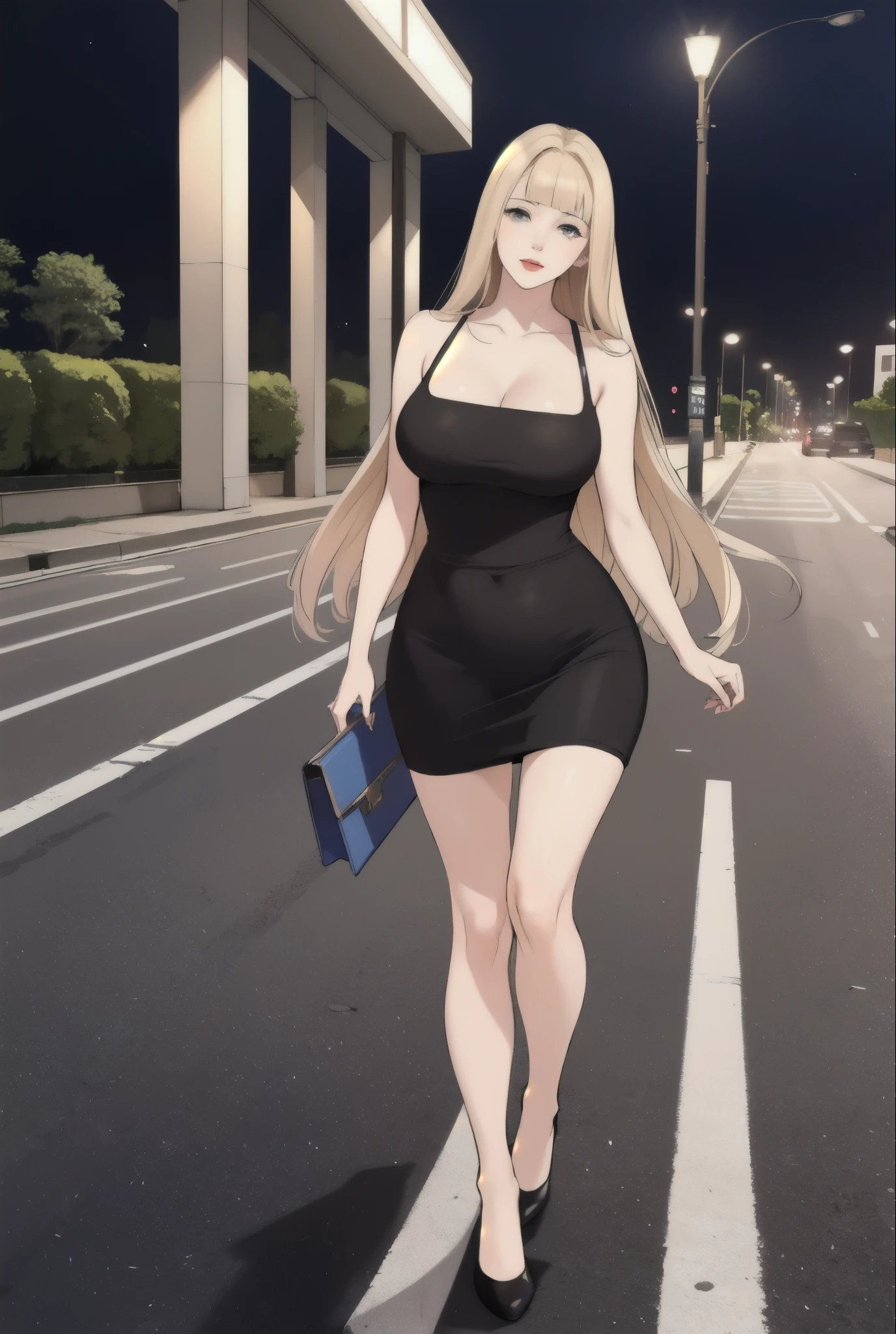 A sexy slim cute beautiful woman with blonde long hair bangs, big blue eyes, extremely fair white skin, and pink plump lips. She's wearing a revealing sexy short black dress with yellow strappy high-heels. Plain smile, walking on a road, carrying a purse, night sky, and show full body.