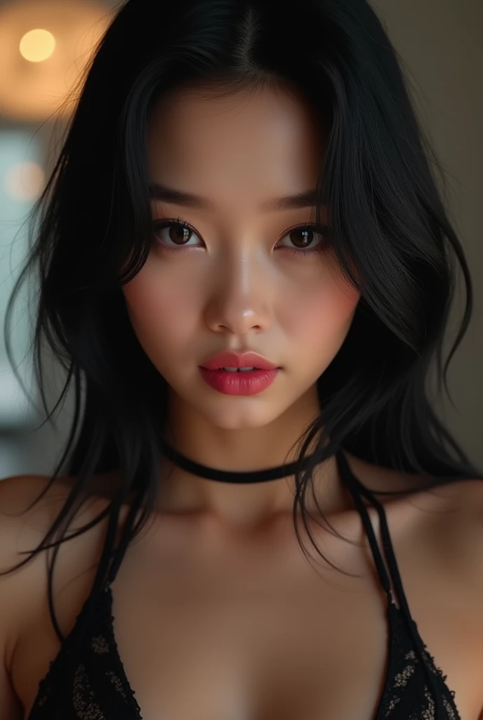 (best quality, photorealistic, ultra detailed) A girl in her room , studio lighting, low lighting, she is wearing makeup, she is wearing a black lacy bra, has black hair with strands arranged in the front, full lips, black eyes, makeup, beauty, closeup portrait, front view