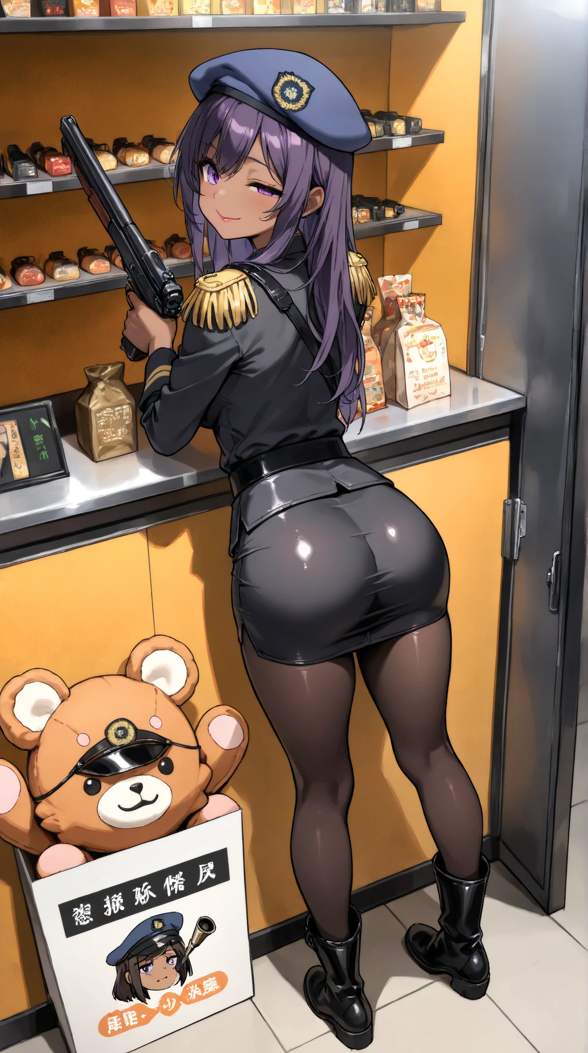  challenging a shooting stall ,(masterpiece, top quality, very detailed depiction, Incredibly Absurd High Resolution ,Curvaceous Body,High quality anime drawings),(female cavalry officer , epaulettes holding a shooting gun, tight skirt , bodystocking ,Beret, black tights, boots),( brown skin next to a woman:1.3, purple eyes, half-closed eye ,Glossy lipstick, for a slender figure,Beautiful legs,Beautiful thighs,High quality skin),( bewitching smile,Seductive gestures), full body image , from behind,profile,射的のstallに挑戦している,shooting game,He is holding a shooting gun with his elbow on the table, shooting targets are placed side by side on the back shelf,background:Festivalsのstall,Festivals,stall,賑やかなFestivals,