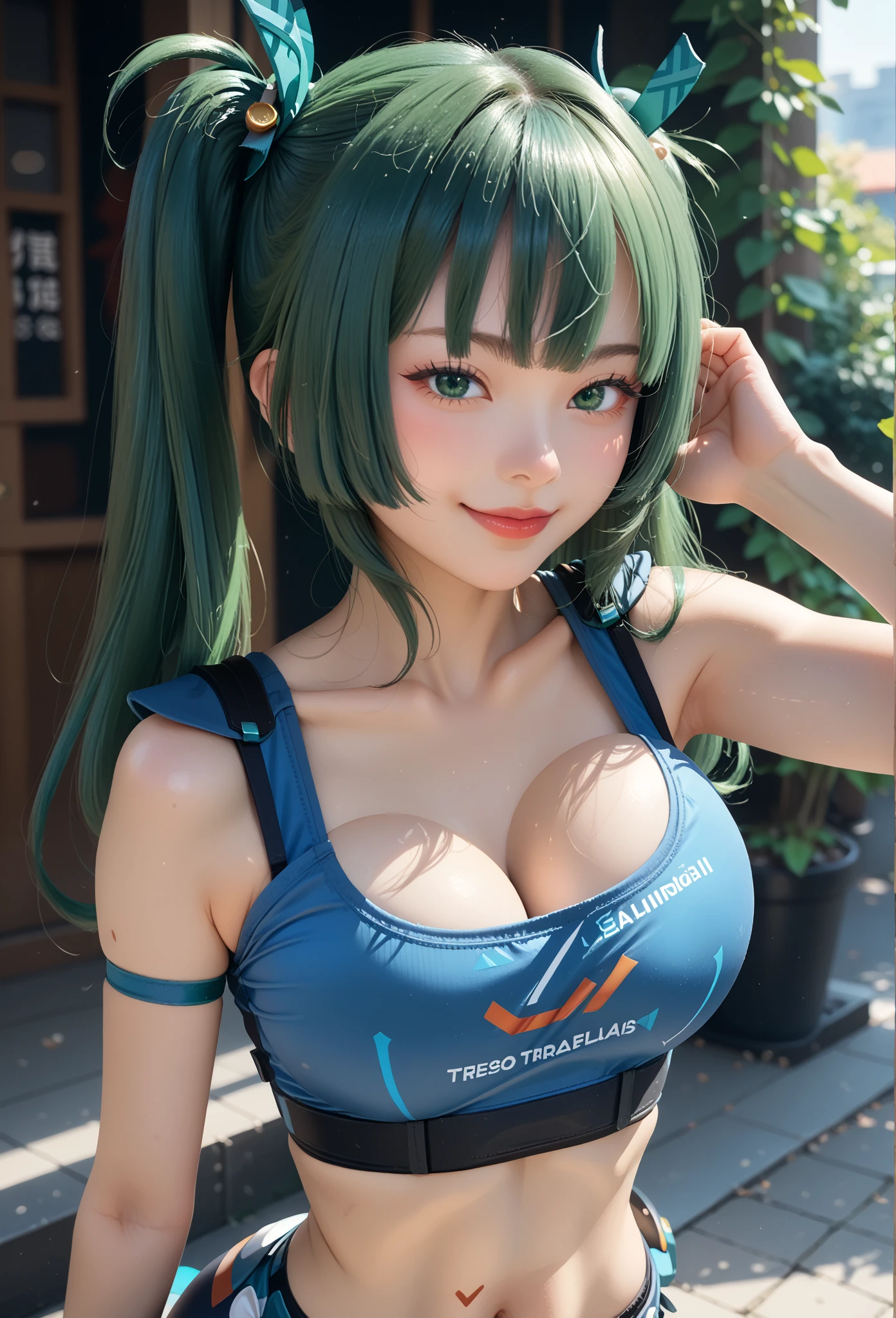 score_9_up,score_8_up,score_7_up,ZZZ_QY,1girl,solo,
green eyes, big breasts, sexy smile, looking at the viewer  best quality, green hair, twintails, long hair, navel, close-up, blue midriff, full body, showing your ass.