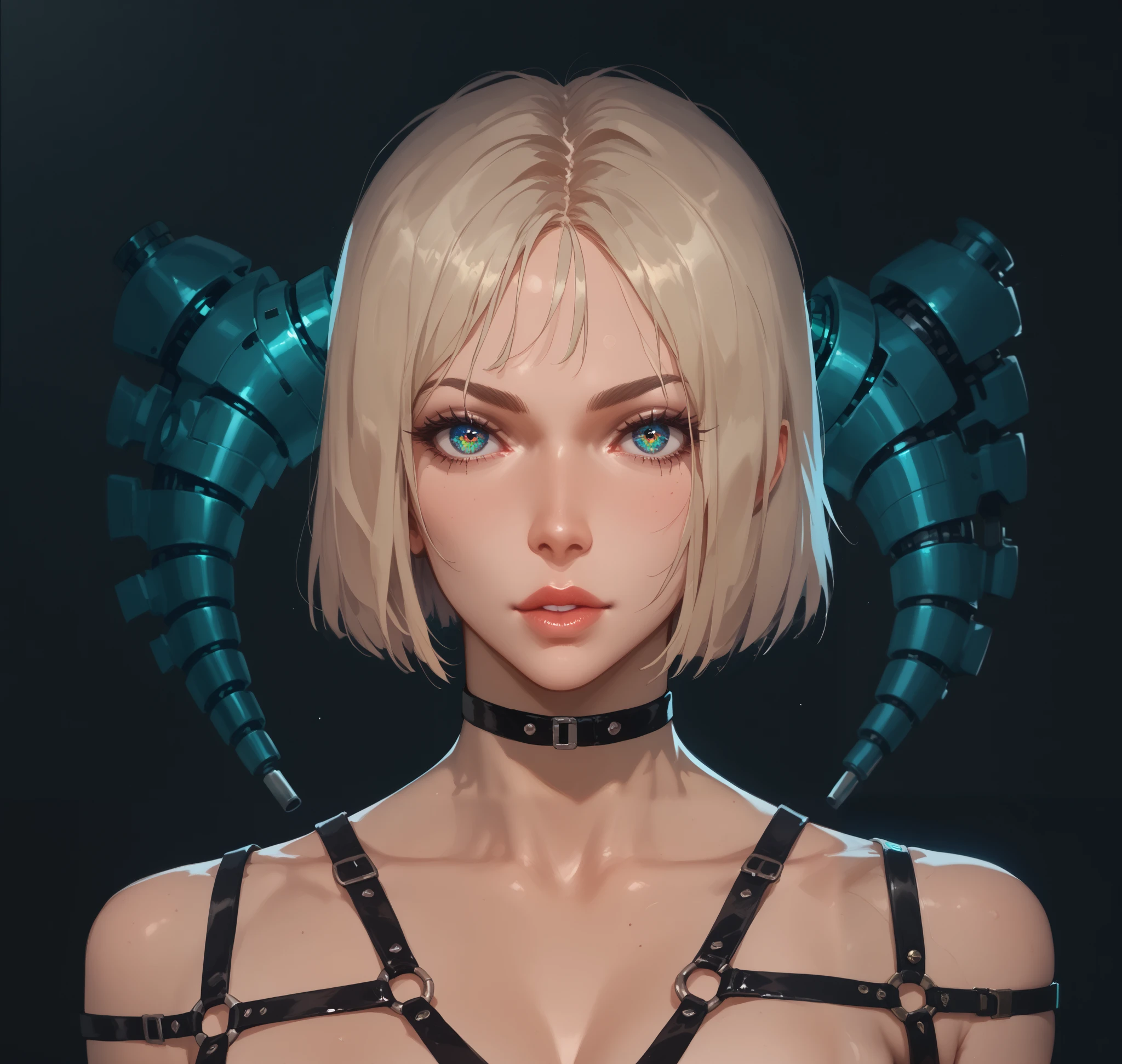 portrait of a cyber girl with implants, mechanical eyes , with a harness and an interesting background