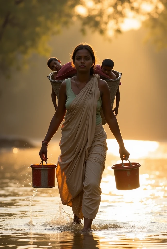 Beautiful Typical indian village ragpicker young woman carrying a large man on her head, man is sitting on her shoulders, nearby a river 