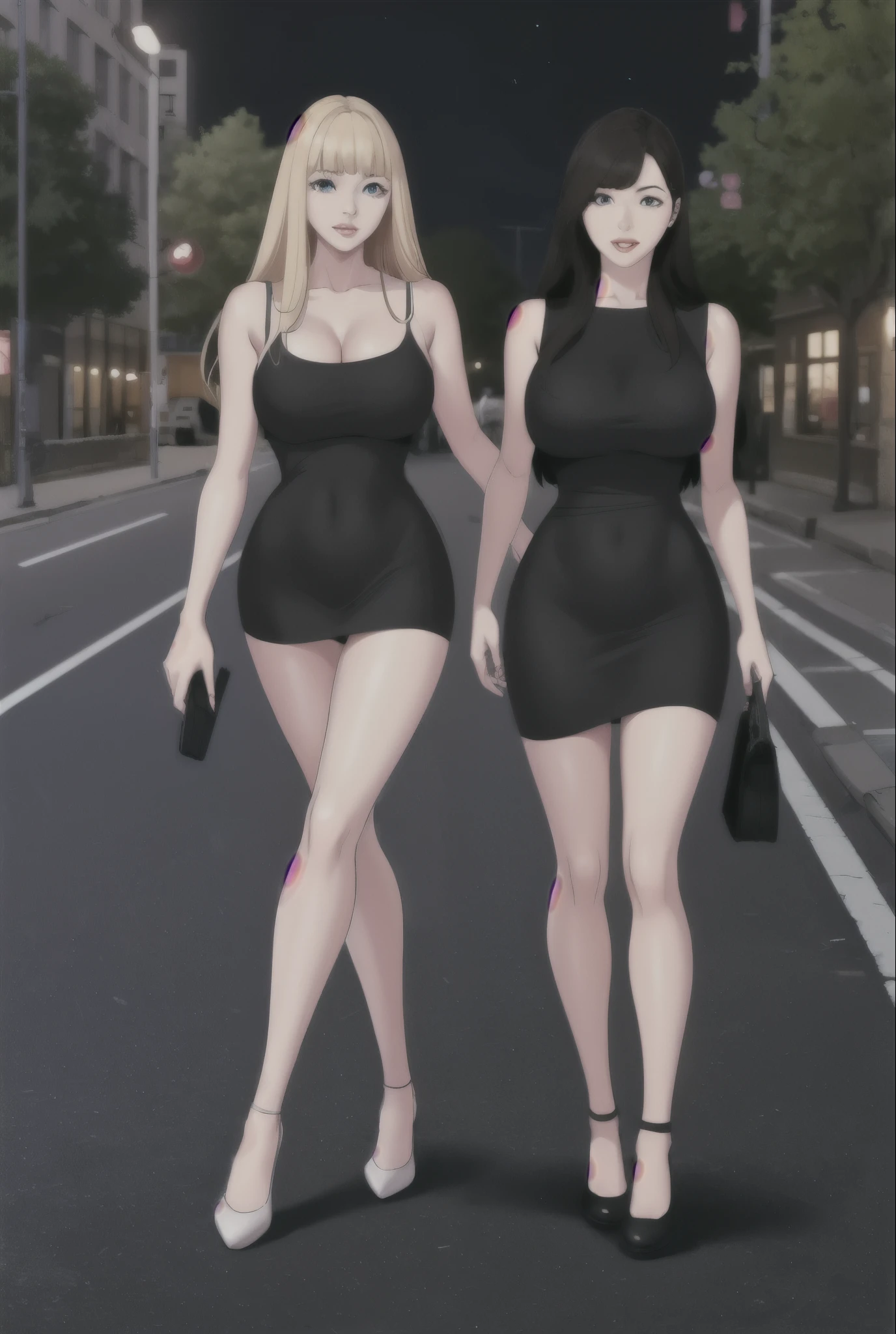 A sexy slim cute beautiful woman with blonde long hair bangs, big blue eyes, extremely fair white skin, and pink plump lips. She's wearing a revealing sexy short black dress with yellow strappy high-heels. Plain smile, walking on a road, carrying a purse, night sky, and show full body.