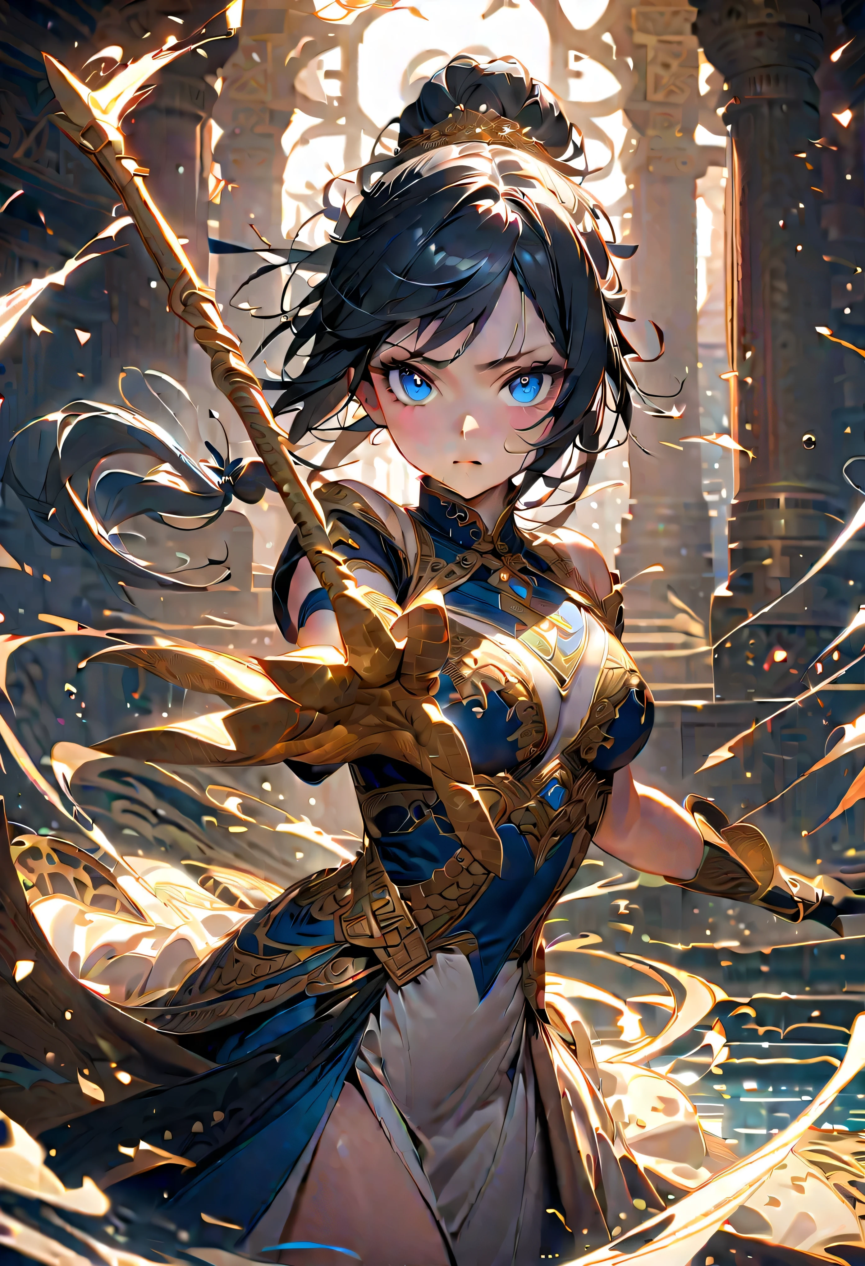 ponytail、Headband、Blue tights、Upper part of the body、Opinions vary、Frowning、from hand to hip、Space、8k、((masterpiece))、Art Station、high detail、sharp focus