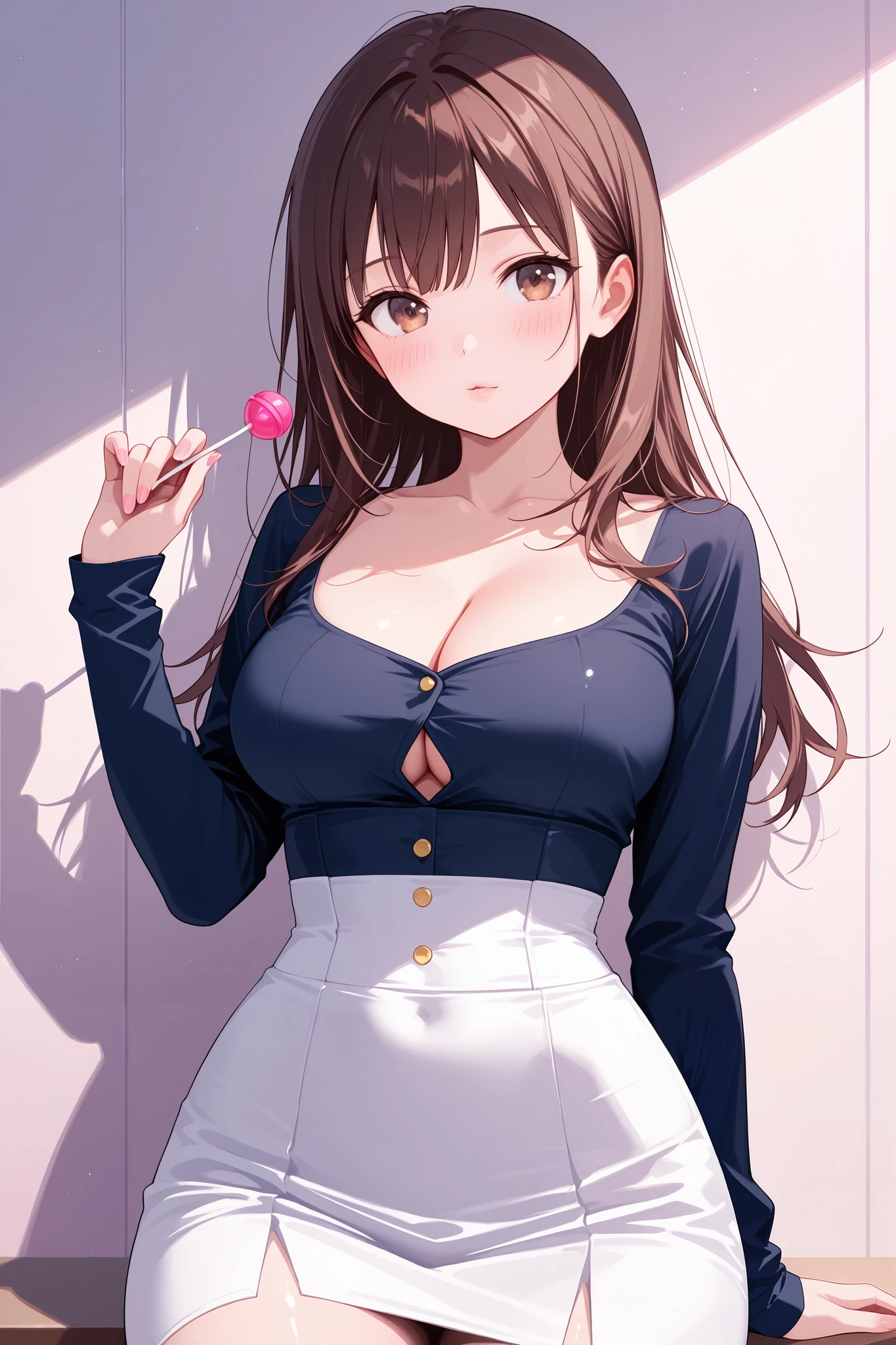 masterpiece, realistic, 1girl, (sweet girl:1.4), long dark brown hair, (brown eyes), (lollipop), wearing tight corset button up top, tight high waist button up skirt, cleavage, wide hips, thin waist, tan skin, collarbone, light makeup, blush, shiny skin, 12k resolution, approaching perfection