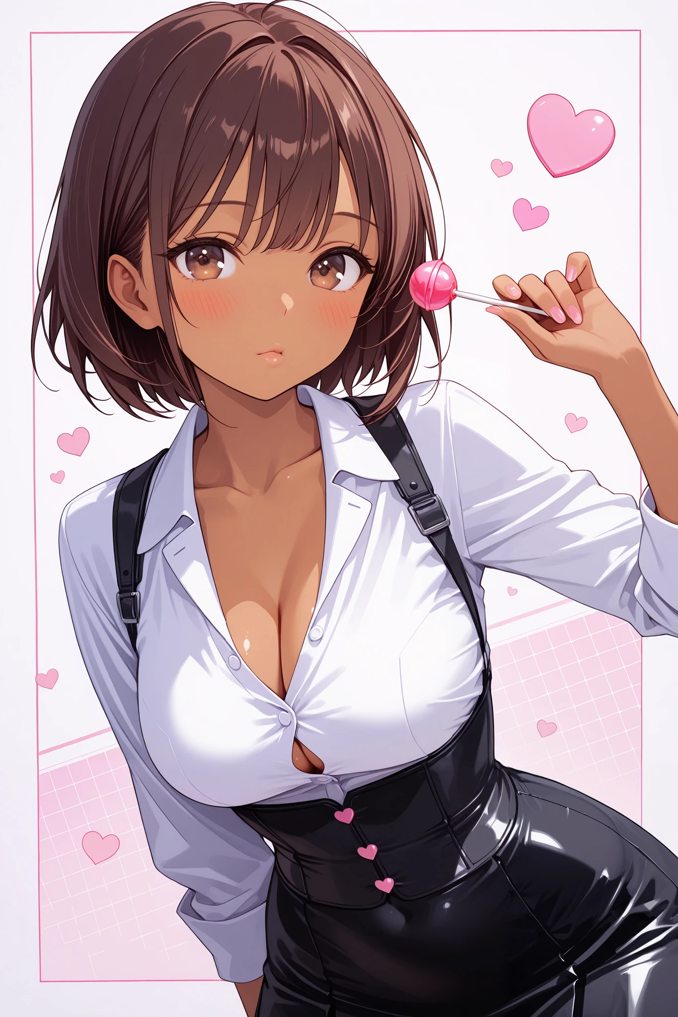 masterpiece, realistic, 1girl, (sweet girl:1.4), long dark brown hair, (brown eyes), (lollipop), wearing tight corset button up top, tight high waist button up skirt, cleavage, wide hips, thin waist, tan skin, collarbone, light makeup, blush, shiny skin, 12k resolution, approaching perfection