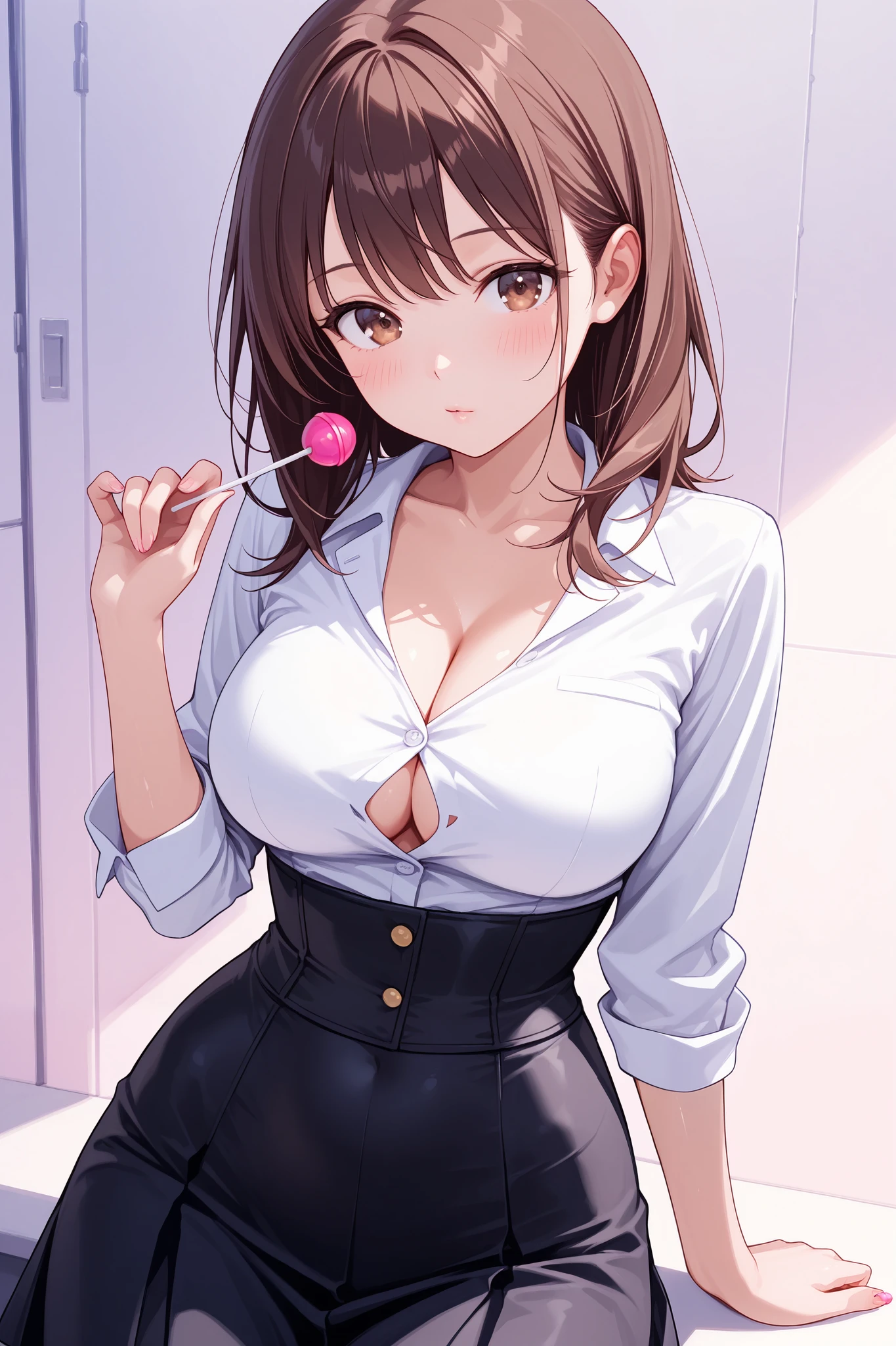 masterpiece, realistic, 1girl, (sweet girl:1.4), long dark brown hair, (brown eyes), (lollipop), wearing tight corset button up top, tight high waist button up skirt, cleavage, wide hips, thin waist, tan skin, collarbone, light makeup, blush, shiny skin, 12k resolution, approaching perfection