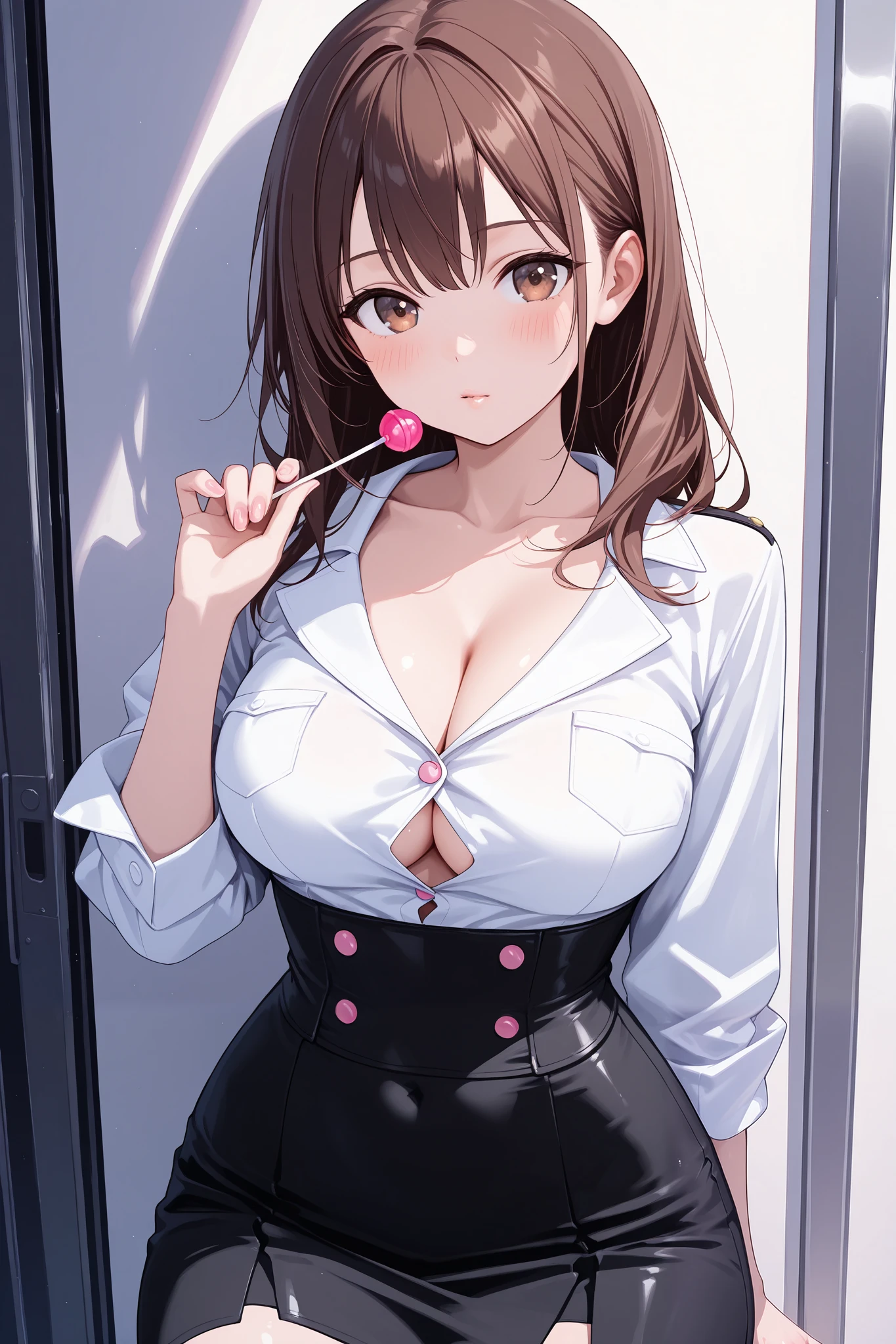 masterpiece, realistic, 1girl, (sweet girl:1.4), long dark brown hair, (brown eyes), (lollipop), wearing tight corset button up top, tight high waist button up skirt, cleavage, wide hips, thin waist, tan skin, collarbone, light makeup, blush, shiny skin, 12k resolution, approaching perfection