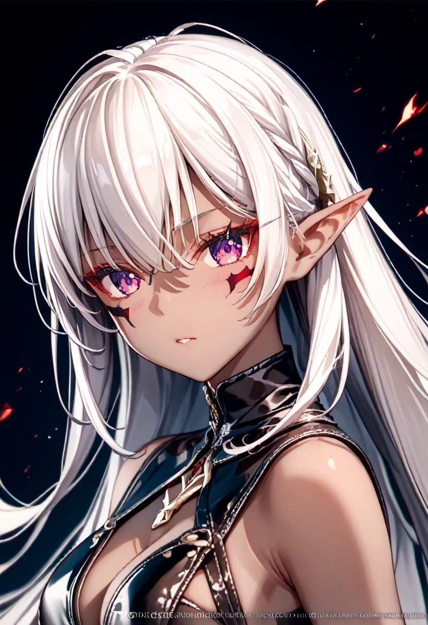 ( masterpiece fails,  high quality,  best quality ,  official art ,  beautiful and aesthetic:1.2), ((dark elf)), (( 1girl)),  extremely detailed,  BREAK,  incredibly detailed face, Eye details, blunt bangs,  white hair, ( to the hair between the eyes ), eyelashes,  purple eyes , ( dark leather:1.2),