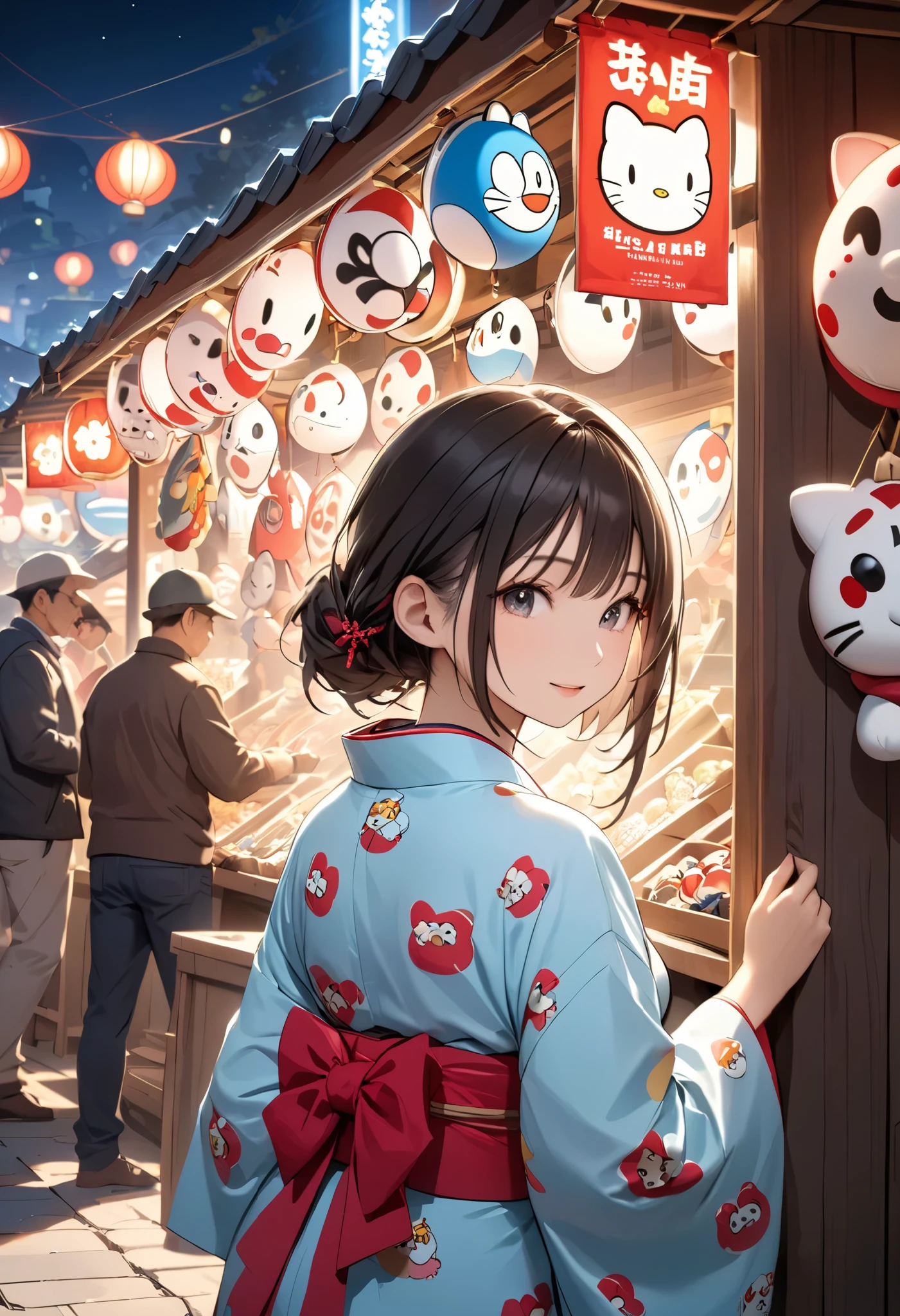 portrait, (Masterpiece, top quality, ultra high definition), back side shot, solo Japanese woman, sexy girl, A stall selling masks, Okame and Hyottoko masks, Doraemon masks, Mario Brothers masks, big stall village, Busy, A girl choosing a mask, Wearing a traditional Japanese kimono, , , A stall at night, Wearing a Hello Kitty mask on her head