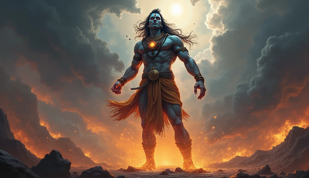 Draw a lord shiva hits the Trident in asura's chest