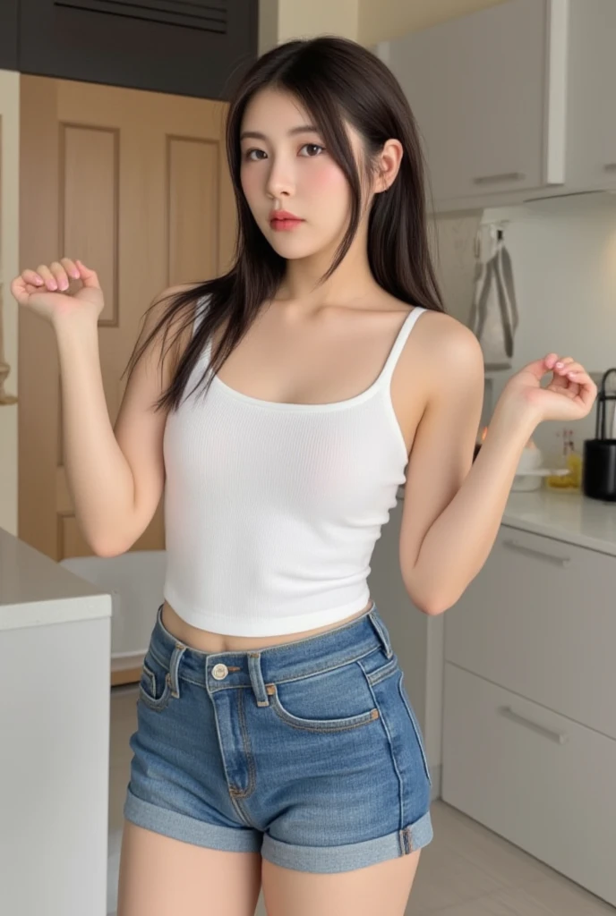 Japan women plus size women 25 years old wearing tank top and shorts jeans , standing pose with counter kitchen, put  hands up, big breasts , perfect body ,หันก้นมา,มองมายังผู้ชม