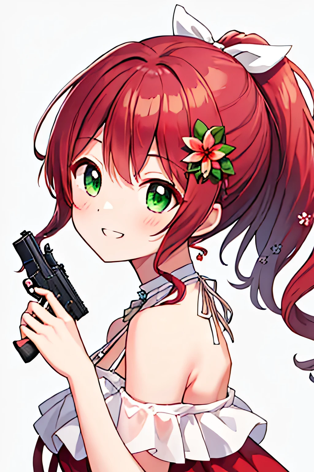 ((green_eyes)), ((red_hair)), bangs, ponytail, sidelocks, flower ribbon, long_hair, princess, ((red white dress)), simple background, smile, ((hold the pistol))