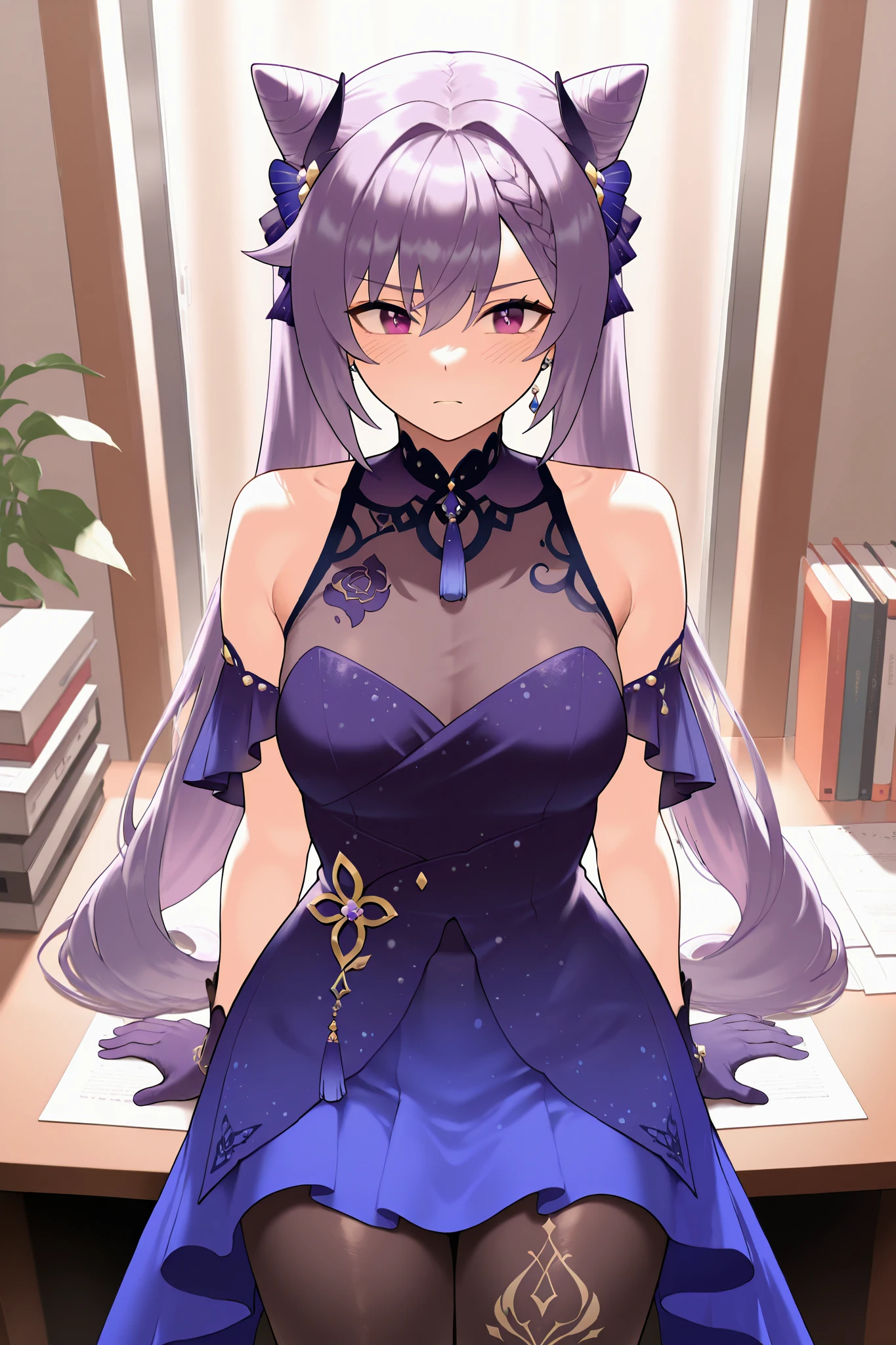 NSFW,masterpiece, top quality, high definition, very detailed,Keqing、 braids、コーンHair Bun、Hair Bun、 hair ornament、 Long Hair 、 purple eyes、 purple hair, Exposed Shoulders、 black pantyhose、Sleeveless、 dress、gloves,Office