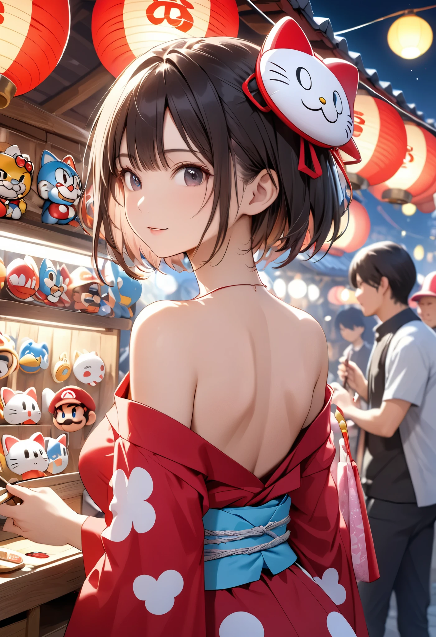 portrait, (Masterpiece, top quality, ultra high definition), back side shot, solo Japanese woman, sexy girl, A stall selling masks, Okame and Hyottoko masks, Doraemon masks, Mario Brothers masks, big stall village, Busy, A girl choosing a mask, Wearing a traditional Japanese kimono, , , A stall at night, Wearing a Hello Kitty mask on her head