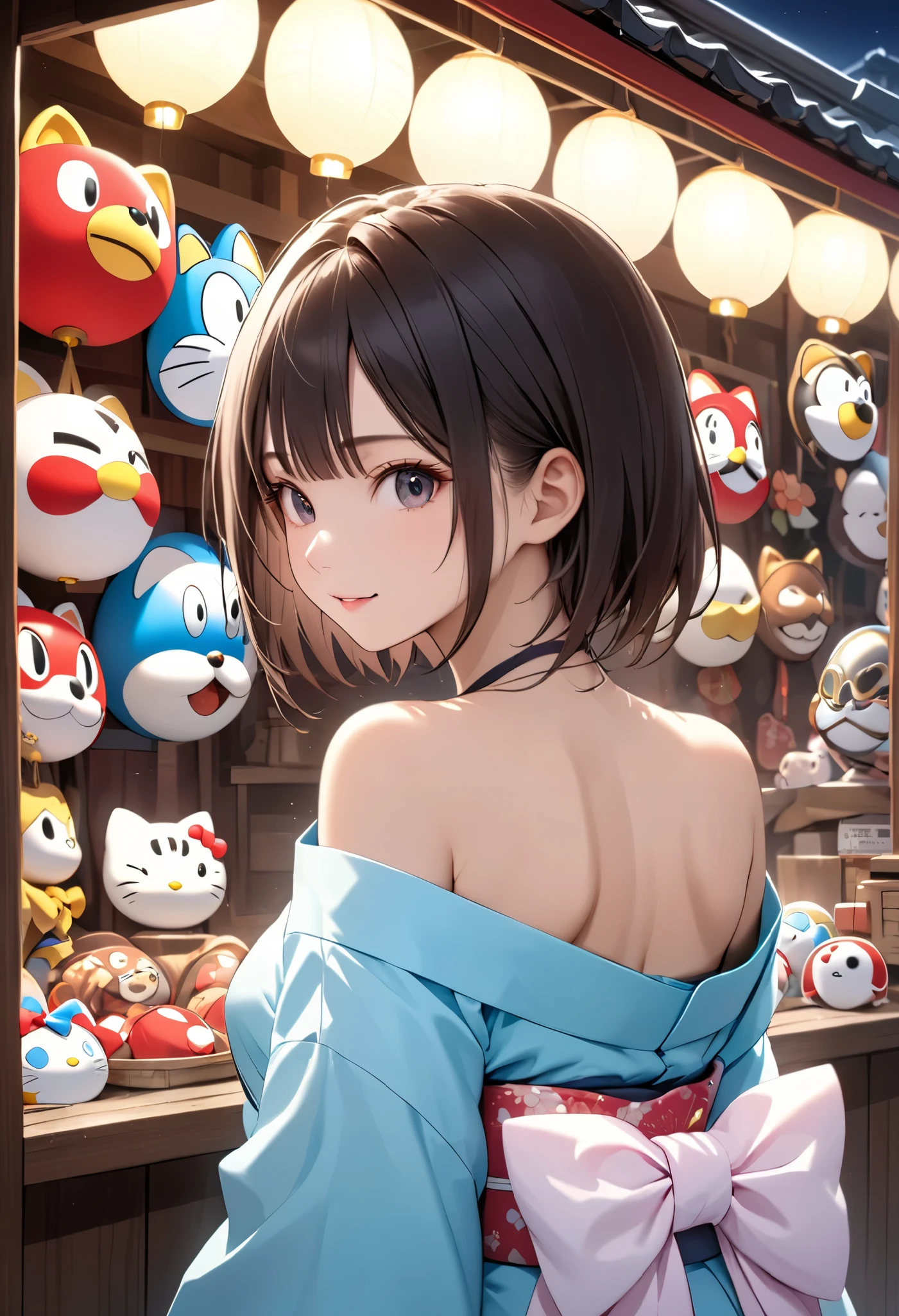 portrait, (Masterpiece, top quality, ultra high definition), back side shot, solo Japanese woman, sexy girl, A stall selling masks, Okame and Hyottoko masks, Doraemon masks, Mario Brothers masks, big stall village, Busy, A girl choosing a mask, Wearing a traditional Japanese kimono, , , A stall at night, Wearing a Hello Kitty mask on her head