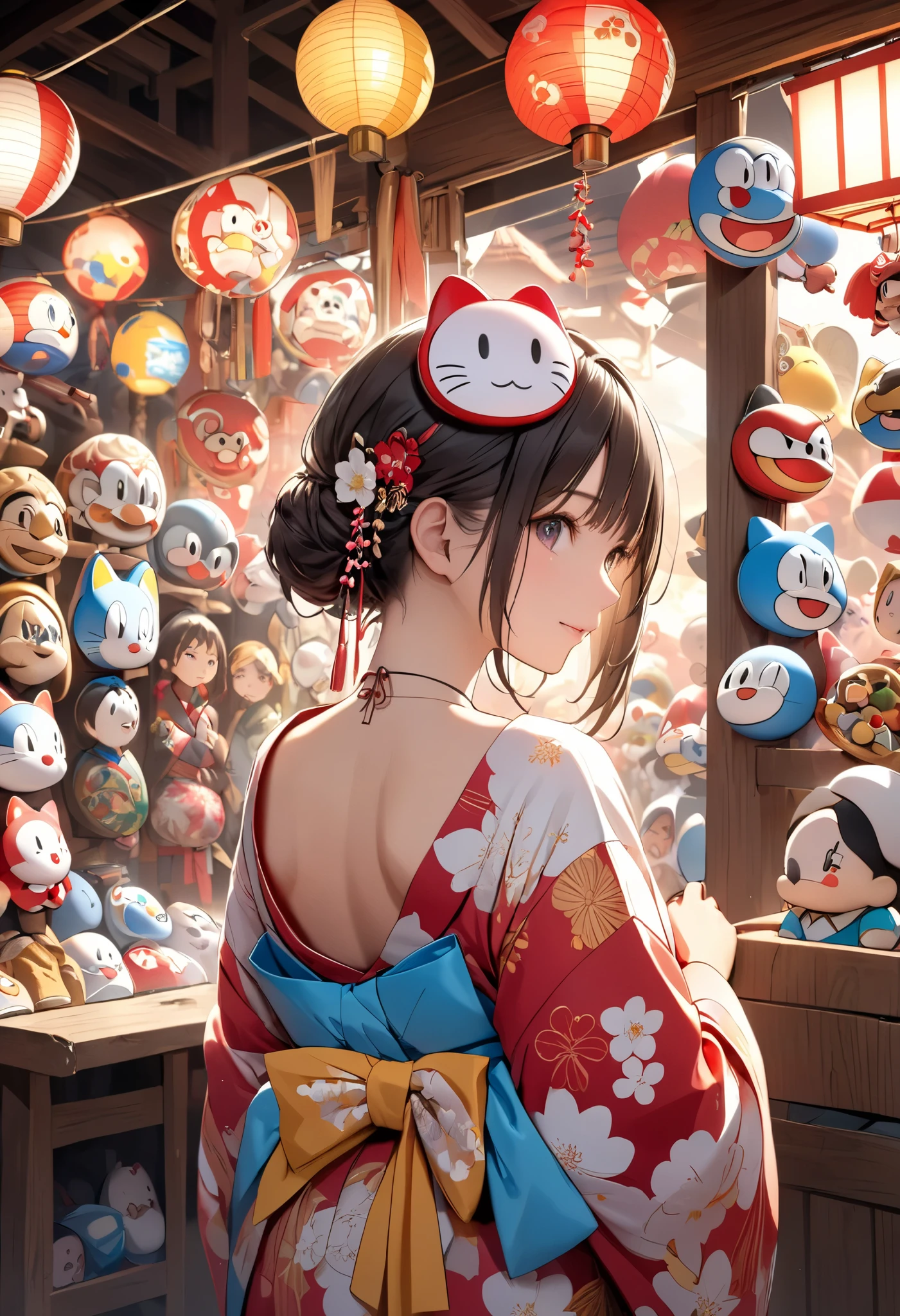 portrait, (Masterpiece, top quality, ultra high definition), back side shot, solo Japanese woman, sexy girl, A stall selling masks, Okame and Hyottoko masks, Doraemon masks, Mario Brothers masks, big stall village, Busy, A girl choosing a mask, Wearing a traditional Japanese kimono, , , A stall at night, Wearing a Hello Kitty mask on her head