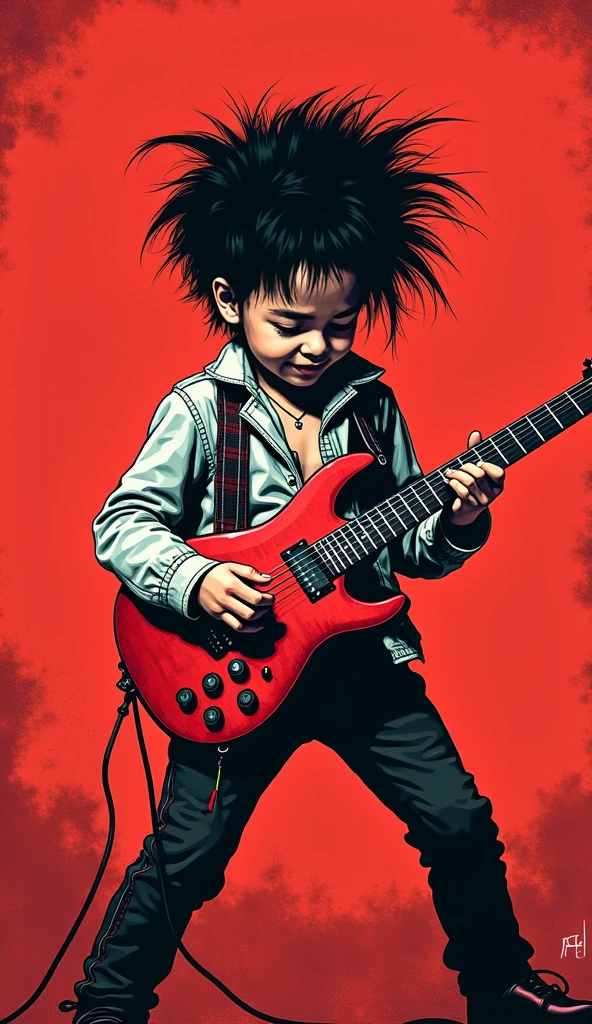 7 year old boy，Bang on a drum kit，Punk style，Perspective perspective --auto