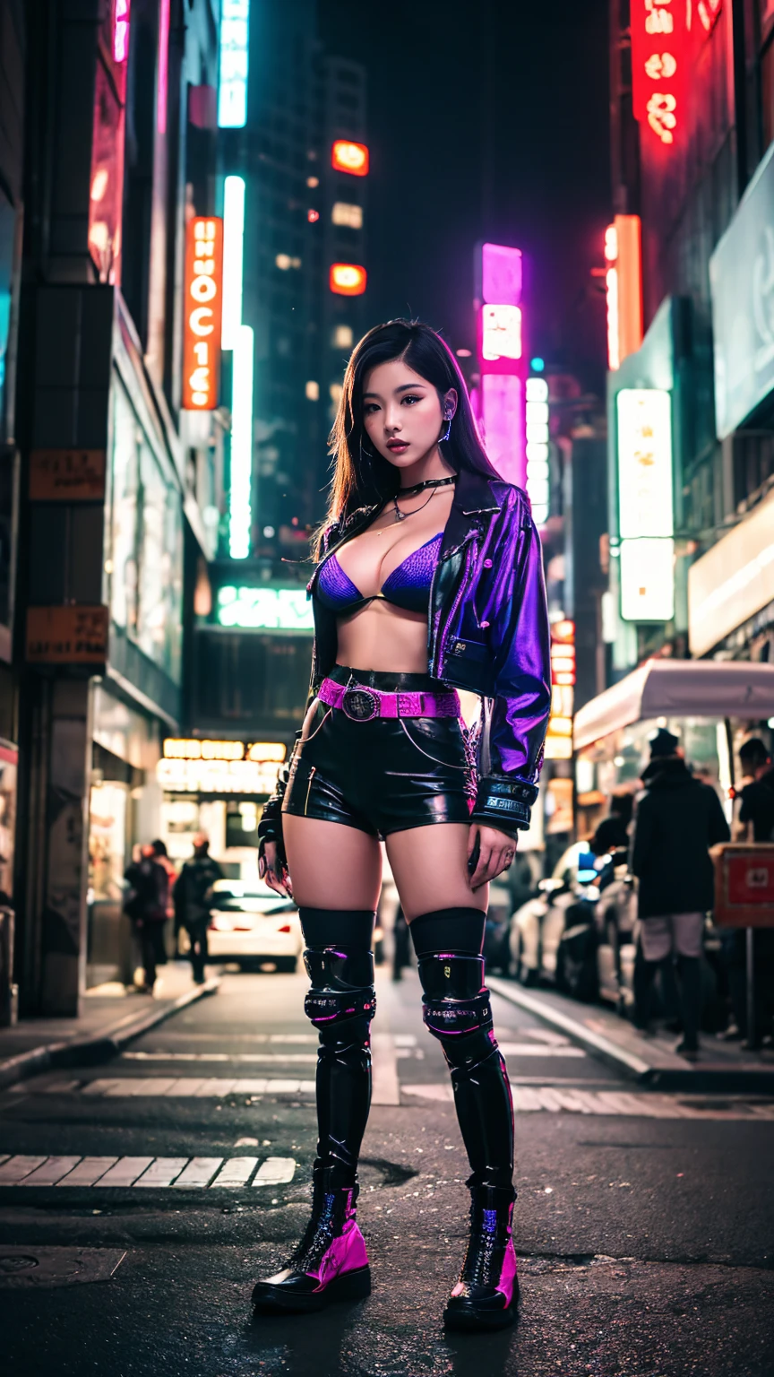 Taken from below, BREAK, A Dystopian city with pink and purple neon signs and holograms projected on buildings and sky, BREAK, A Beautiful woman with slim body shape, lip stick, Purple glasses, long red hair, twin braid, short skirt, BREAK, Night, cyberpunk aesthetic, Highly detailed lighting, Dramatic, 8K, high-detail, Skin Texture, Realistic skin texture, armor, Best Quality, 超A high resolution, Photorealsitic, hight resolution, Detailed, Raw photo, BREAK, realistic anatomy, goddess, g string, knee stockings, full body shots, feet close up, lowest camera angle, 4k