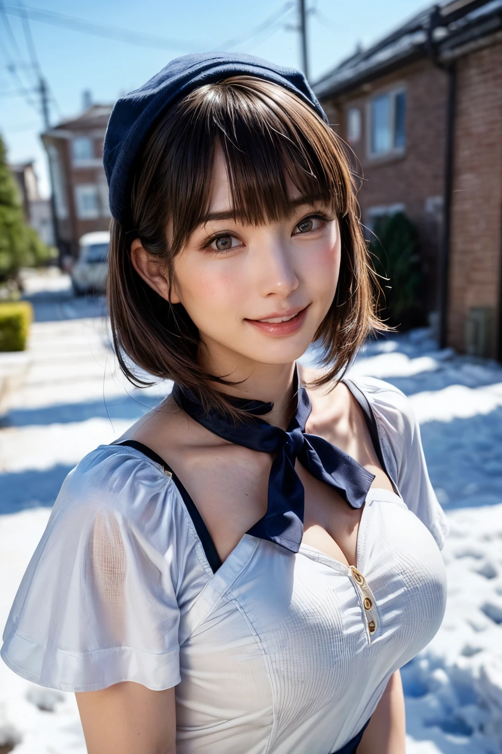 a victorian girl is standing on the meadow, from front, close up, high contrast, high brightness, background beautiful scenery nature, bokeh,cowboy shot,
best quality, highly detailed, masterpiece, absurdres,8k, photorealistic, realistic,detailed skin texture,detailed pupils,HDR,natural lighting,
1girl,solo,(happy:1.1),(smile:1.2),(angular face:1.2),shiny face,large breasts, narrow waist, lip makeup,