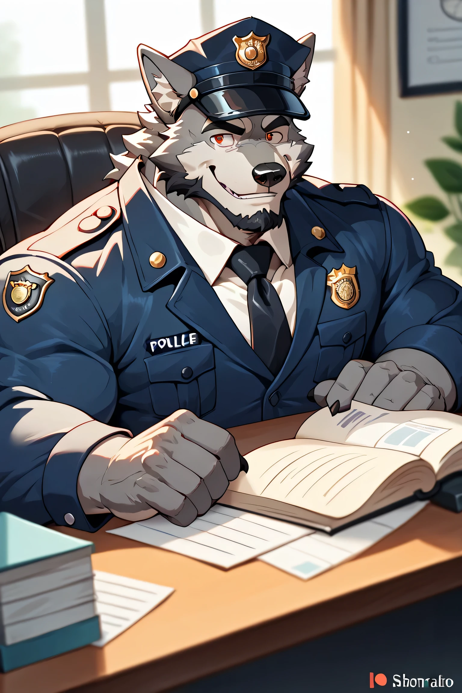  unique , Wolf, Black and white hair， mature ，man,  Very strong body ,  furry ,  pectoralis major muscle，Red pupil，police，Pure black ，black police cap,  wear formal， mature male，Chief ，lead，Majestic，father，Elder ， black beard，Majesty temperament，Red Eyes, Black beard, early morning，office, At work， guides his subordinates to work ，sunny,  best quality,  Smile，Happy， Super Detailed，background,  masterpiece, Depth of Field