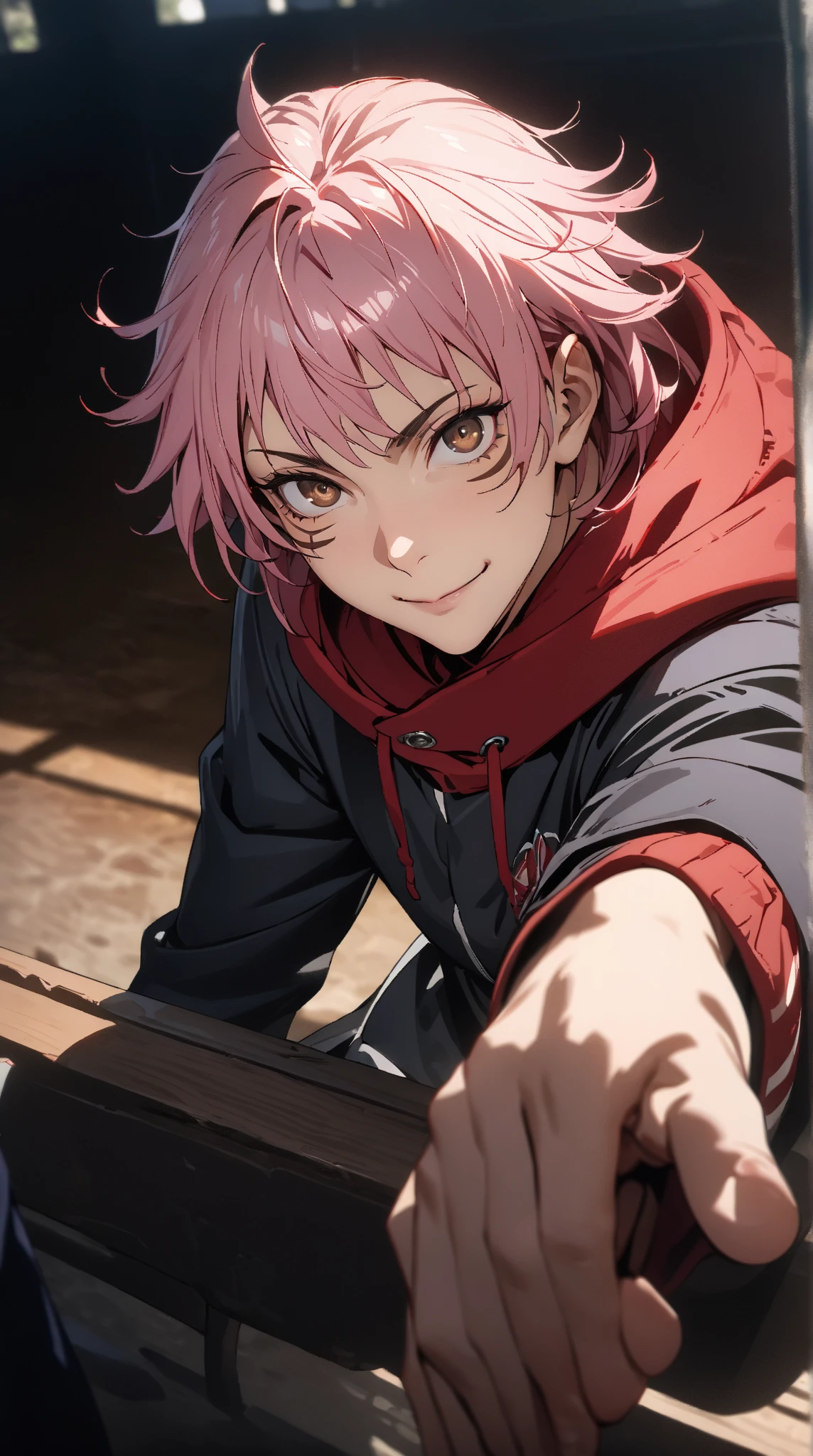  masterpiece,  best quality,  1 boy, Yuji Itatori ,  Pink Hair , 尖短发, Grab a spot ,  brown eyes,  facial markings ,  red hoodie , Student Uniform, jacket,  upper body,  unique ,  viewers,  Smile, simple background  best quality,   high resolution on the bench , Unique image,  cinematic lighting, Complex_ details,  high resolution on the bench,  Official Art , finely  detailsed beautiful face,  high resolution on the bench插图, 8K,  Dark and Heavy Shadows ,  Dynamic Range , Tone Mapping, crisp  detailss, Beautiful Finger, beautiful body, beautiful nose , nice character design, ( The Perfect Eye ),  perfect face , expressive eyes ,Perfect balance, rule of three