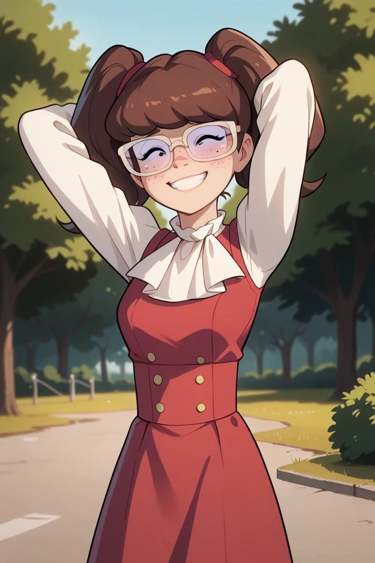 score_9, score_8_up, score_7_up, BREAK, madelyn, brown hair, twintails, glasses, red dress, long sleeves, ascot, outdoors, smiling, hands behind head, shy, freckles