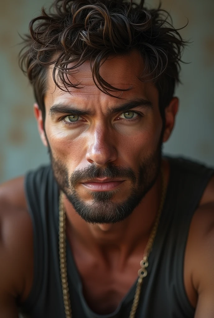 (photorealism:1.2),  a handsome man in his late 20s with a rugged yet well-groomed appearance. He has short, tousled dark hair and a full beard with a slightly lighter tone. His eyes are bright green, with a piercing and intense gaze. He is wearing shorts and a short-sleeved T-shirt and is sitting on a bench in an urban setting. that reveals a strong build and tan skin. The background is simple and neutral, highlighting his facial features and expression. The lighting is soft, emphasizing his chiseled jawline and subtle facial shadows, creating a natural and confident look.