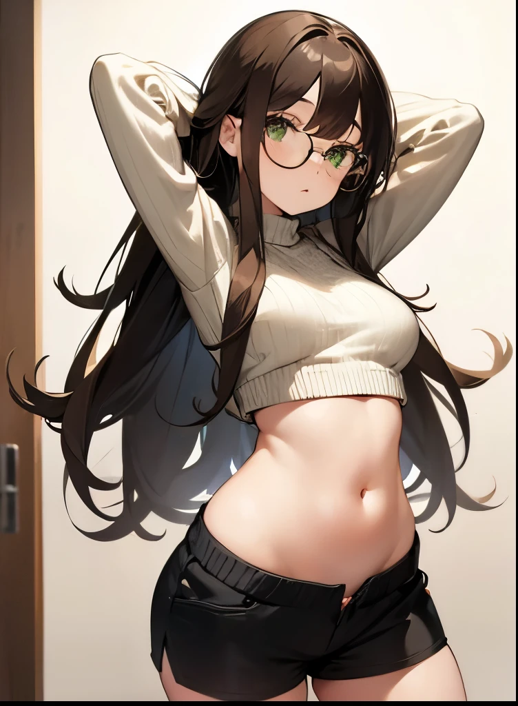  girl, pale beige and brown hair, Soft hair , Messy hair, Emo look, black green eyes ,  round circular glasses , beige knitted sweater, shows belly, shorts, belly shot, ernst, arms hidden behind the back,fingers stretched ,  arms in the hip area , slim, A lot of belly is shown, Camera is zoomed in on the stomach, cowboy shot, very little clothing, no pants, Thick hair , Girl close to camera, Pants are gone 