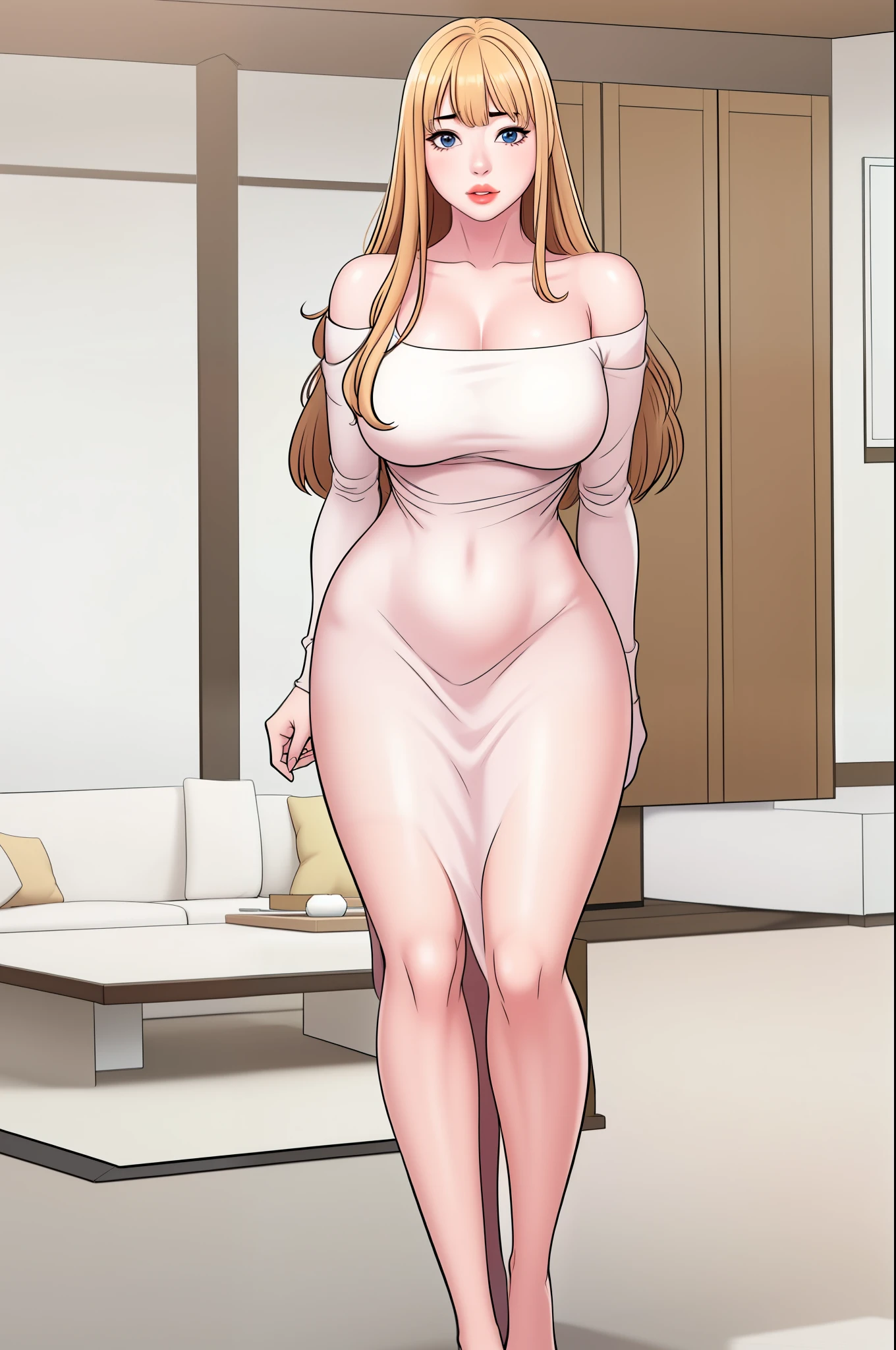 A sexy slim cute beautiful woman with blonde long hair bangs, big blue eyes, extremely fair white skin, and pink plump lips. She's wearing a long plain white dress and a brown sweater worn in an off-shoulder style. Plain smile, standing straight, living room, and show full body.