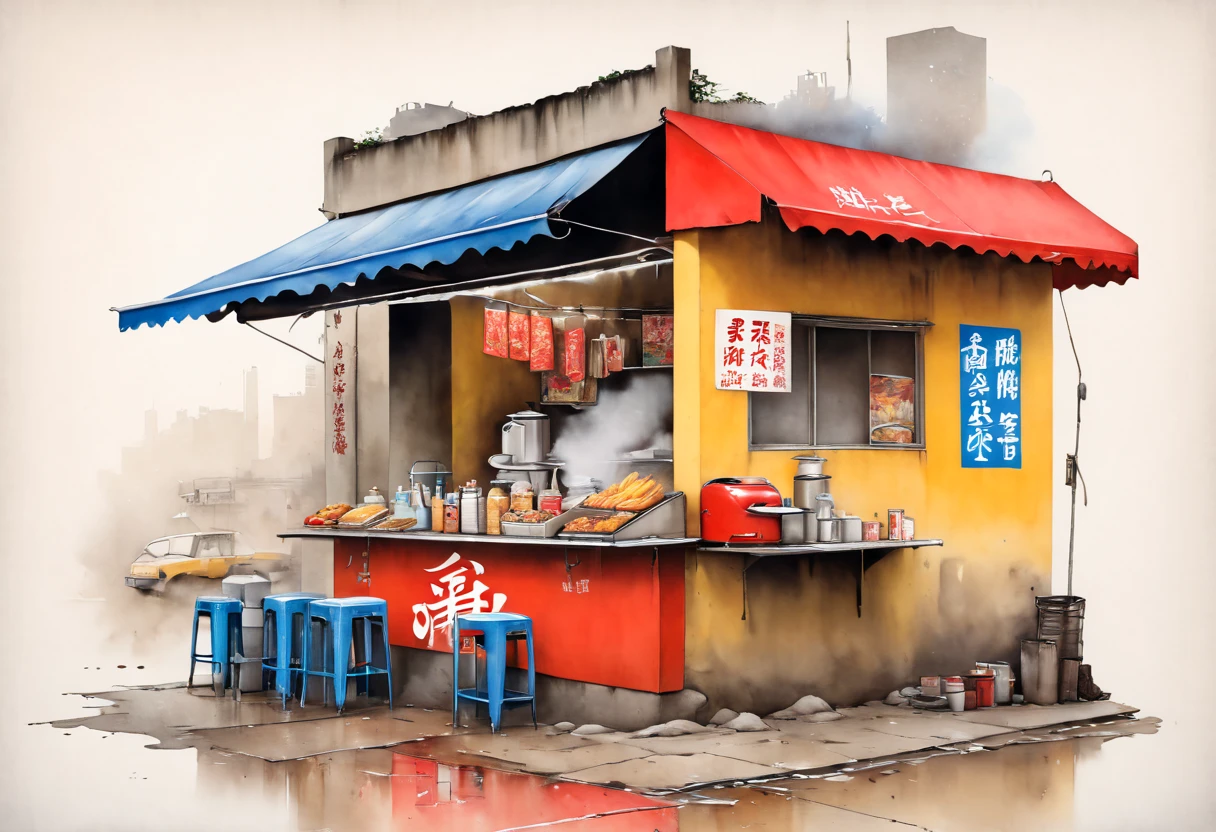 This is a highly detailed, realistic watercolor painting depicting a street-side food stall in a bustling urban setting. The stall, with a vibrant red and orange awning, is prominently featured in the center of the image. Above the awning, Chinese characters in bold, black lettering are visible on a yellow background. The stall's interior is illuminated by warm, yellowish light, revealing various food items, including steaming hot dishes and a selection of condiments.
To the left, a small, worn wooden door with a weathered blue paint is partially open, hinting at the busy activity within. In front of the stall, there are several red plastic stools with metal legs, stacked neatly. The ground is a mix of dirt and worn concrete, adding to the authentic, lived-in feel of the scene.
A red motorbike with a blue and white license plate is parked on the right side of the image, adding a modern touch to the otherwise traditional setting. The background features the facade of an old building with peeling paint and grime, enhancing the gritty, urban atmosphere. The overall color palette is rich with warm tones, contrasting with the cool, muted tones of the background, creating a dynamic and immersive visual experience.