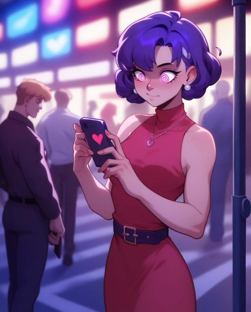 score_9, score_8_ up, score_7_ up,  source_ anime line break 1girl, throw, Miyajima Tubaki , hypnotism,  is standing, Night Street, heart-shaped p upils,  swift bangs,  dress, belt,  brainwashed, ,  looking , gap, Telephone, heart, Eye symbol,  purple hair, rating_i doubt it