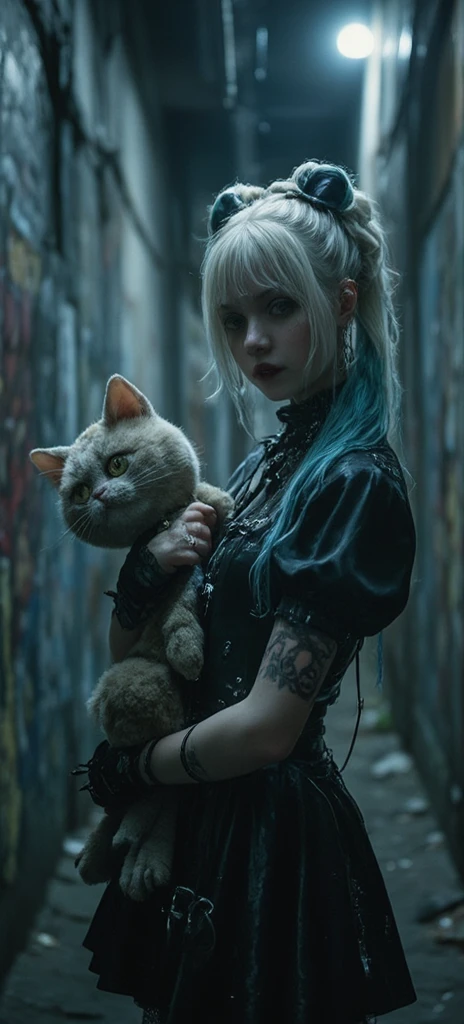 mid shot photography, a real life female cat-girl, Alice Ingram, sky blue eyes, RAW image, Beautiful Real Textures & Delicate Aesthetics, Remarkable Homage to Silent Hill Energy by Psykhosis., noise, JPEG artifacts, poor lighting, low light, underexposed, high contrast,
