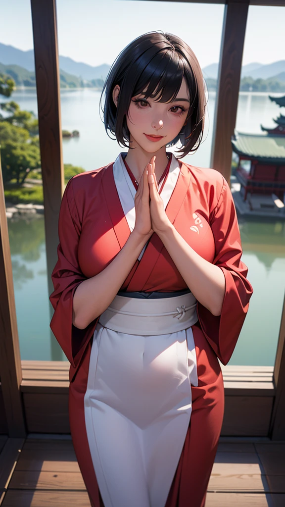 Alone, a bewitching Japanese shrine maiden, miko clothes, heart shaped hands, heart hands, ((happy new year, new year celebration), Japanese shrine at early morning, haze, A mysterious and breathtaking beautiful lake),(A woman, ((heart shaped hands)) , standing at beautiful Japanese Shrine), (((heart shaped hands))), celebrating for A new year, beautiful black hair, (sleek short bob cut, thin , smooth, bangs), fair skin, detailed beautiful skin, captivating perfect face, narrow face shape, narrow sharp eyes, beautiful royal red eyes, beautiful nose, red lipstick, elegant makeup, faint smile, athlete body, middle breasts, anatomically correct body description, wearing a beautiful Japanese shrine maiden outfits, perfect description, perfect cinematic lighting, perfect shadows, depth of field, perfect painting of the moment, ( 謹賀新年 is texted in wooden board,  intricate accurate background, beautiful lake, ((early morning, daybreak, morning haze, mysterious)), ), (best quality, 4K, 8k, incredibly absurdres , masterpiece:1.2),ultra-detailed, (realistic, photorealistic, photo-realistic:1.37),HDR,UHD, cinematic lighting, best lighting allocation, ultra-fine painting, sharp focus, anatomical perfect rendering, extreme detail description, professional, optimized vibrant colors,  heart hands , own hands together