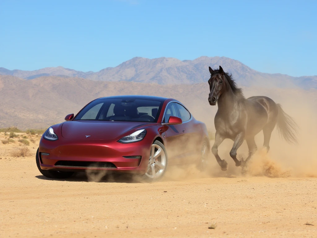 A hyper-realistic depiction of a race between a 2023 Tesla Model Y in a deep wine-red color and a black Hanoverian horse. The Tesla is leading, while the horse gallops slightly behind, with visible motion and dynamic details like dust clouds trailing both. The scene is set in a desert environment inspired by Colorado, featuring rugged mountains in the background, sandy terrain, and a bright blue sky. Rendered in ultra-high resolution at 400 DPI with an sRGB color profile for maximum realism and vibrant color fidelity