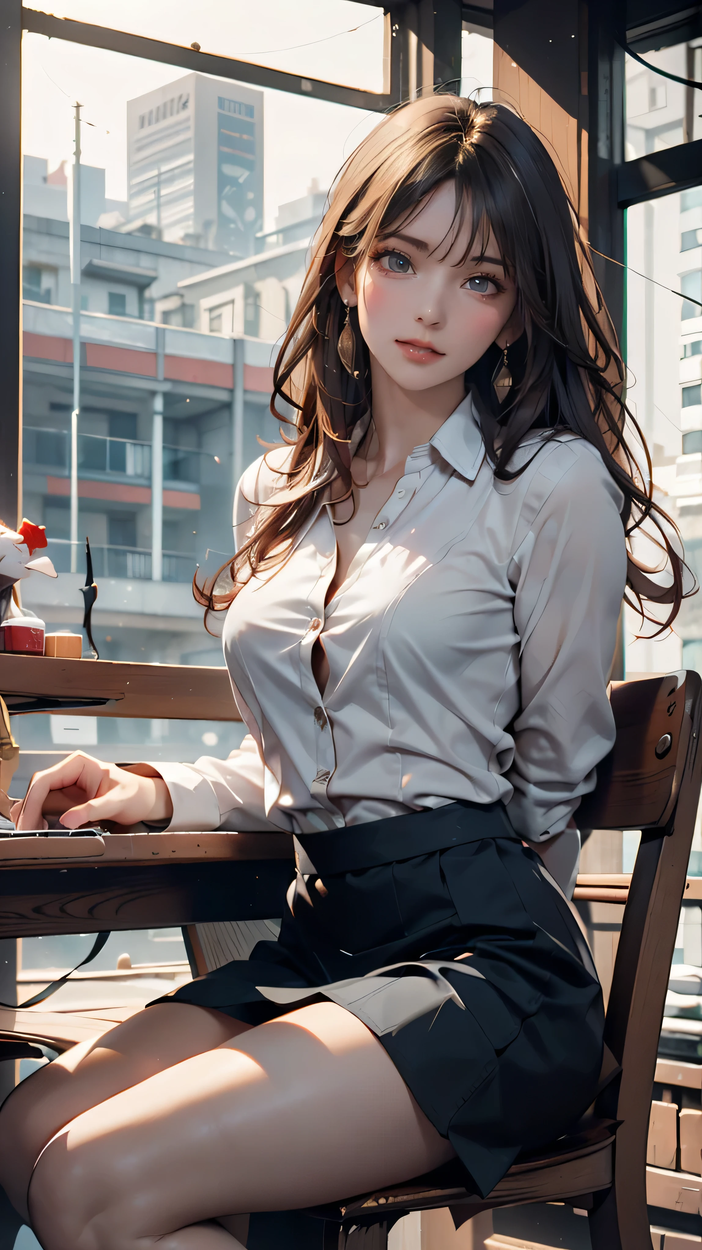 (( Masterpiece , top quality)), ( 1 girl in uniform ), (Alone), ( for women), ( , Gray Hair , touch very long hair ), golden eyes, Clear Smile】】, open your mouth, (( white shirt), ( buttoned shirt to sit in a building), (Gap Button)), (( black skirt ), ( short skirt )), is standing, White , arm behind back , dynamic angle、 Santa Claus cosplay