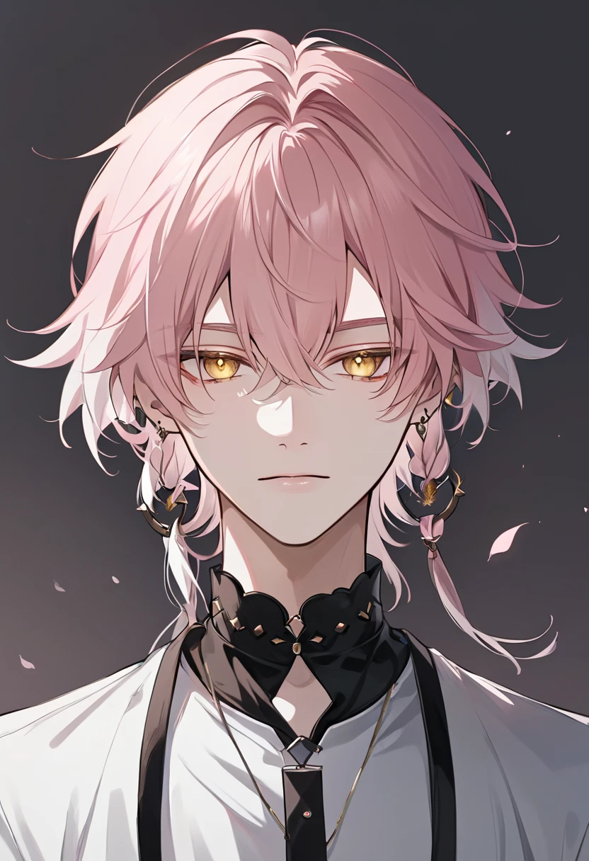 solo, handsome, 1 male, medium light pink hair, white hair, yellow eyes, white shirt, black shirt